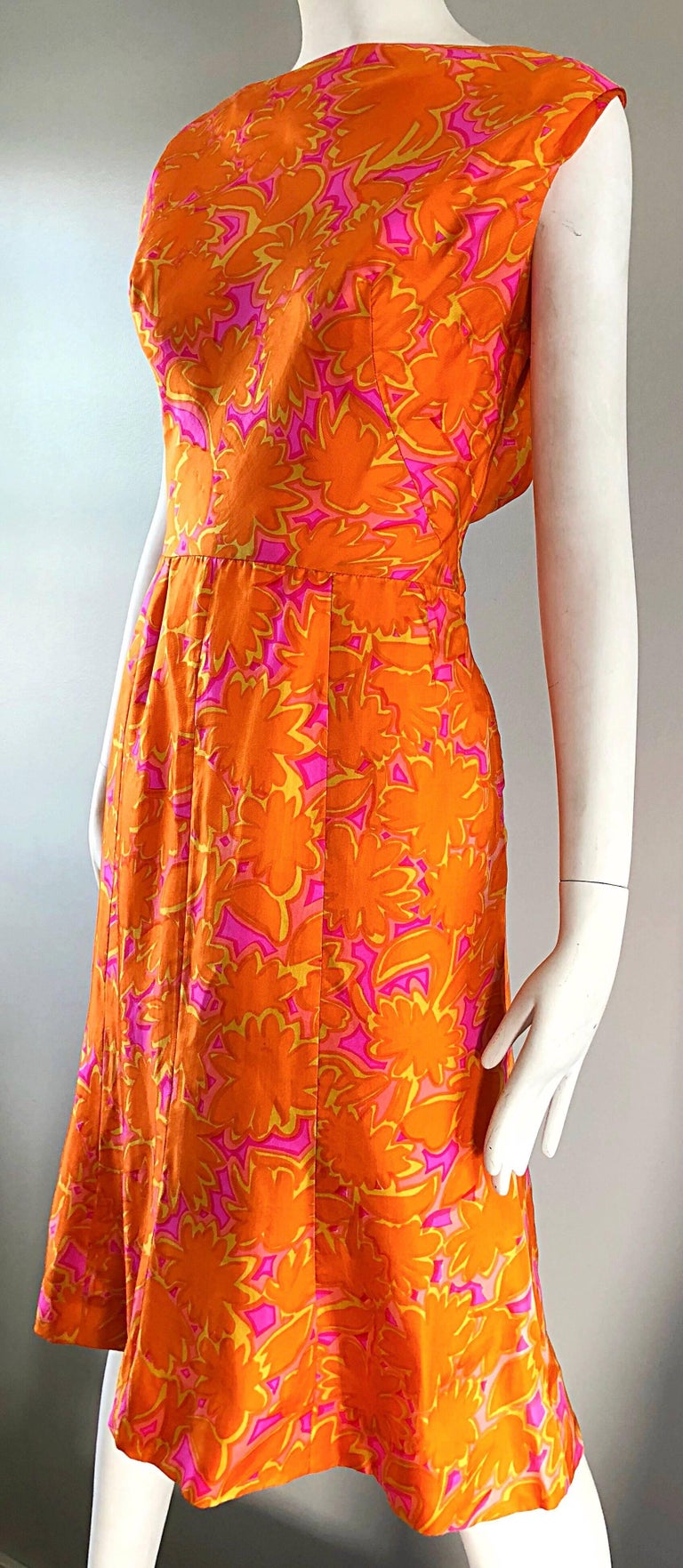 Early 1960s Neon Orange + Hot Pink Silk Boat Neck Draped Back A Line ...