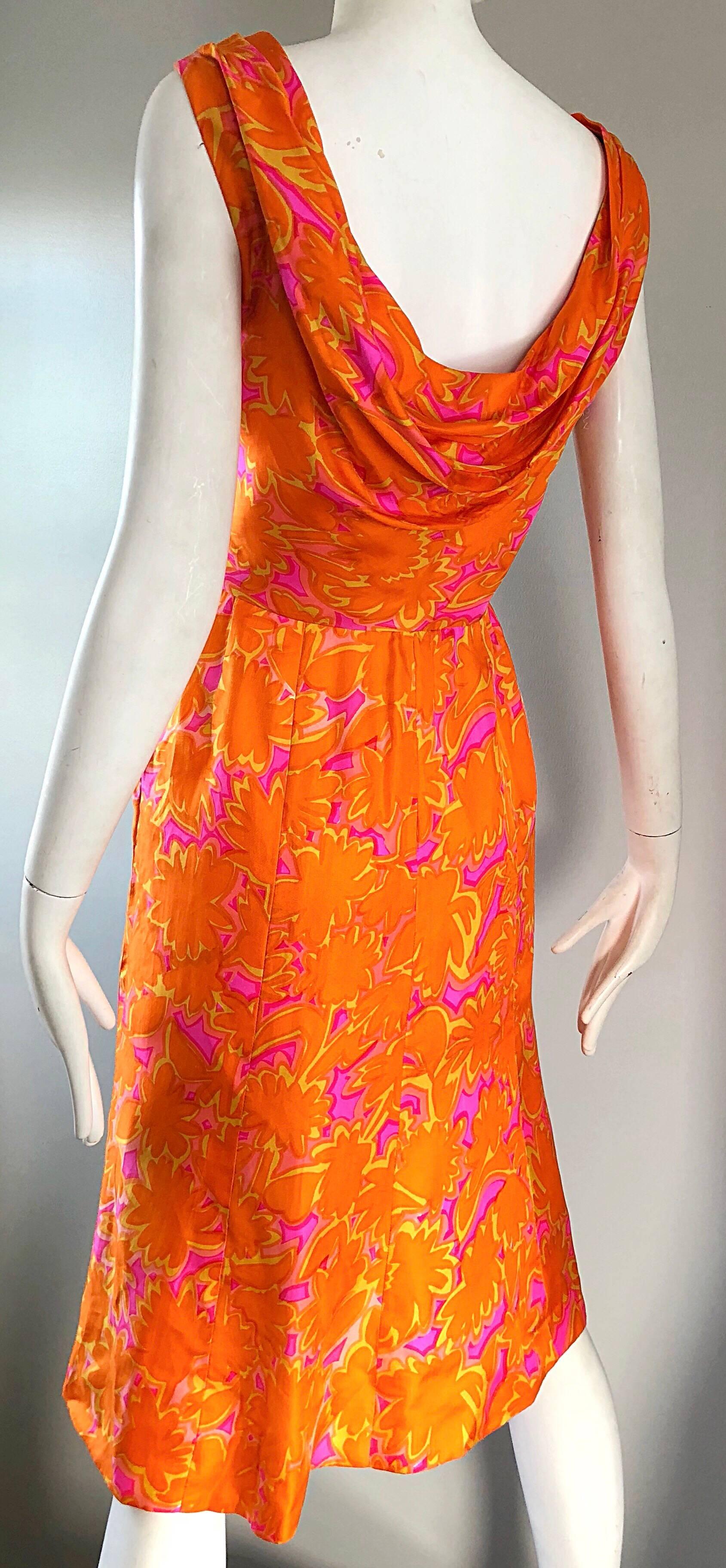Early 1960s Neon Orange + Hot Pink Silk Boat Neck Draped Back A Line 60s Dress In Excellent Condition In San Diego, CA