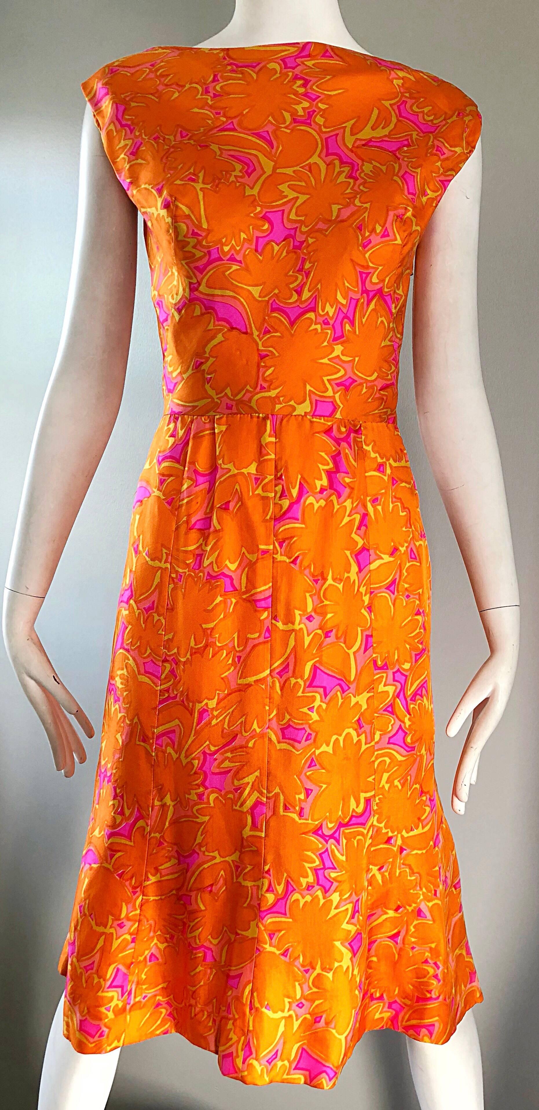 Women's Early 1960s Neon Orange + Hot Pink Silk Boat Neck Draped Back A Line 60s Dress
