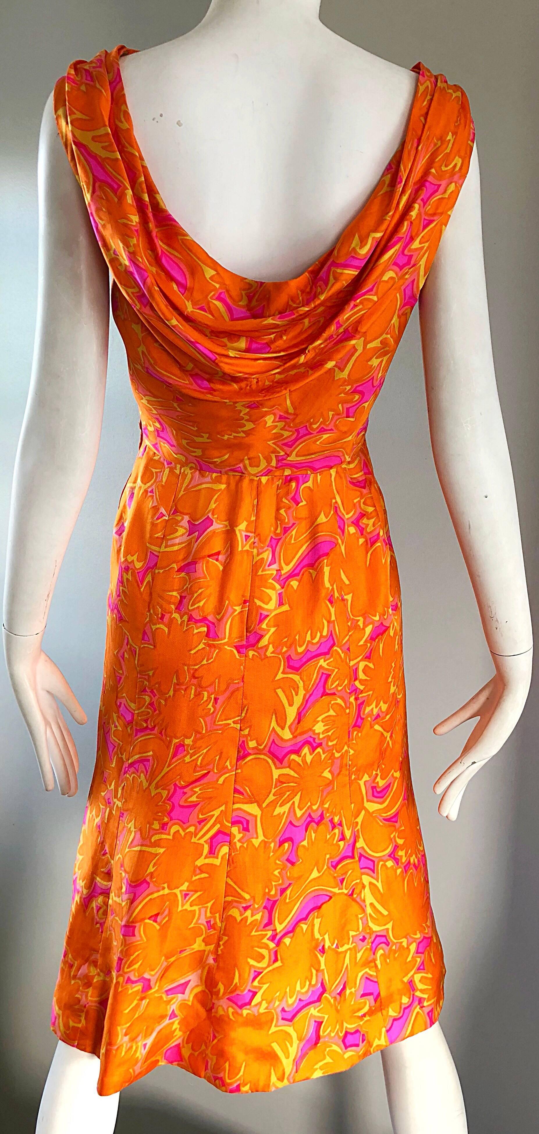 Early 1960s Neon Orange + Hot Pink Silk Boat Neck Draped Back A Line 60s Dress 2