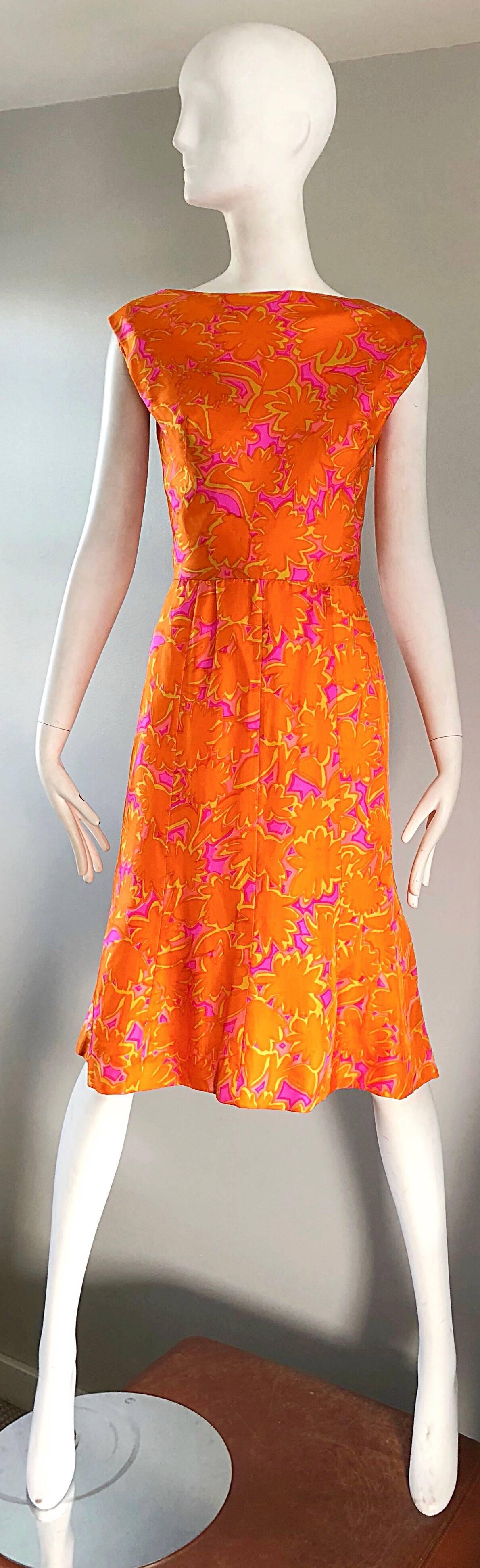Early 1960s Neon Orange + Hot Pink Silk Boat Neck Draped Back A Line 60s Dress 3