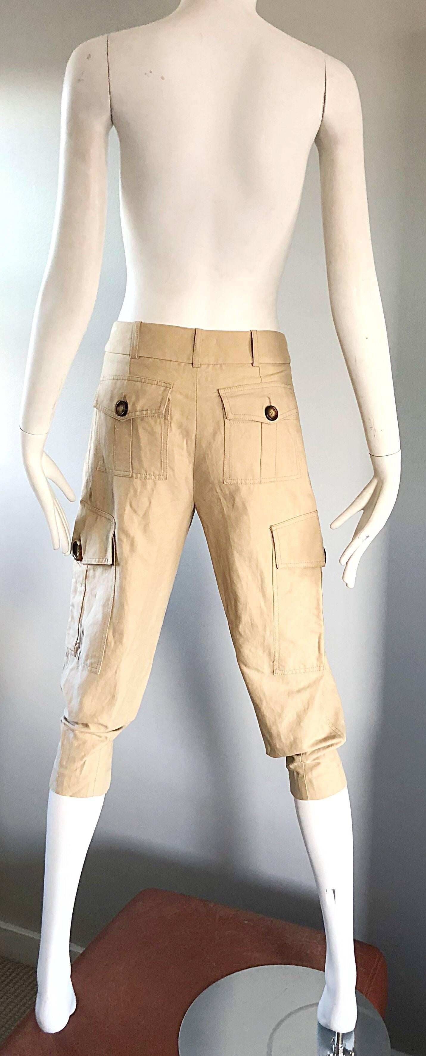 Michael Kors Collection 1990s Khaki Jodhpur Safari Style Cargo Capri Pants  In Excellent Condition In San Diego, CA