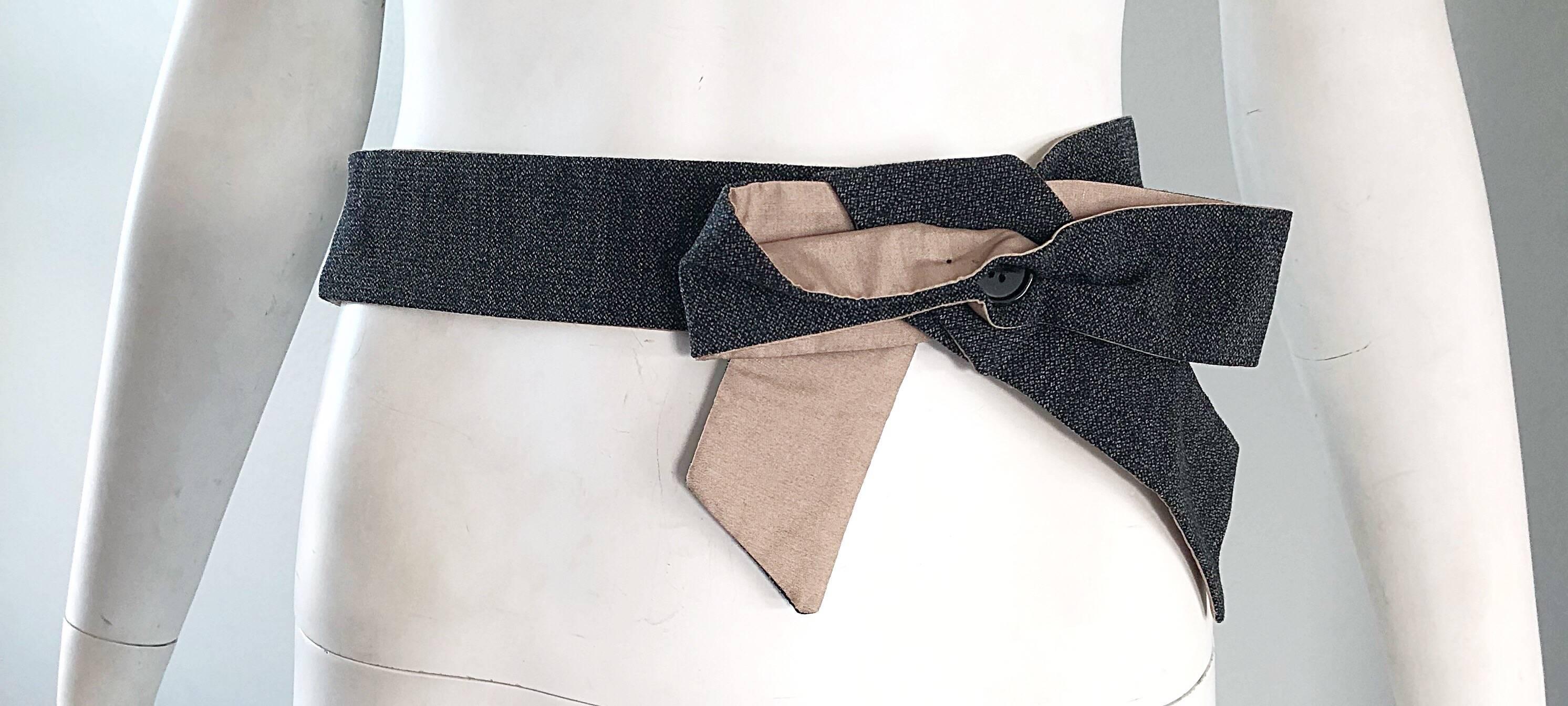 Chic never worn early 2000s MARNI charcoal gray and khaki cotton deconstructed bow belt. Self tied bow, with hidden snaps and hook-and-eye closures on interior backing. Can really take a basic outfit to a whole other level. Perfect over a dress,