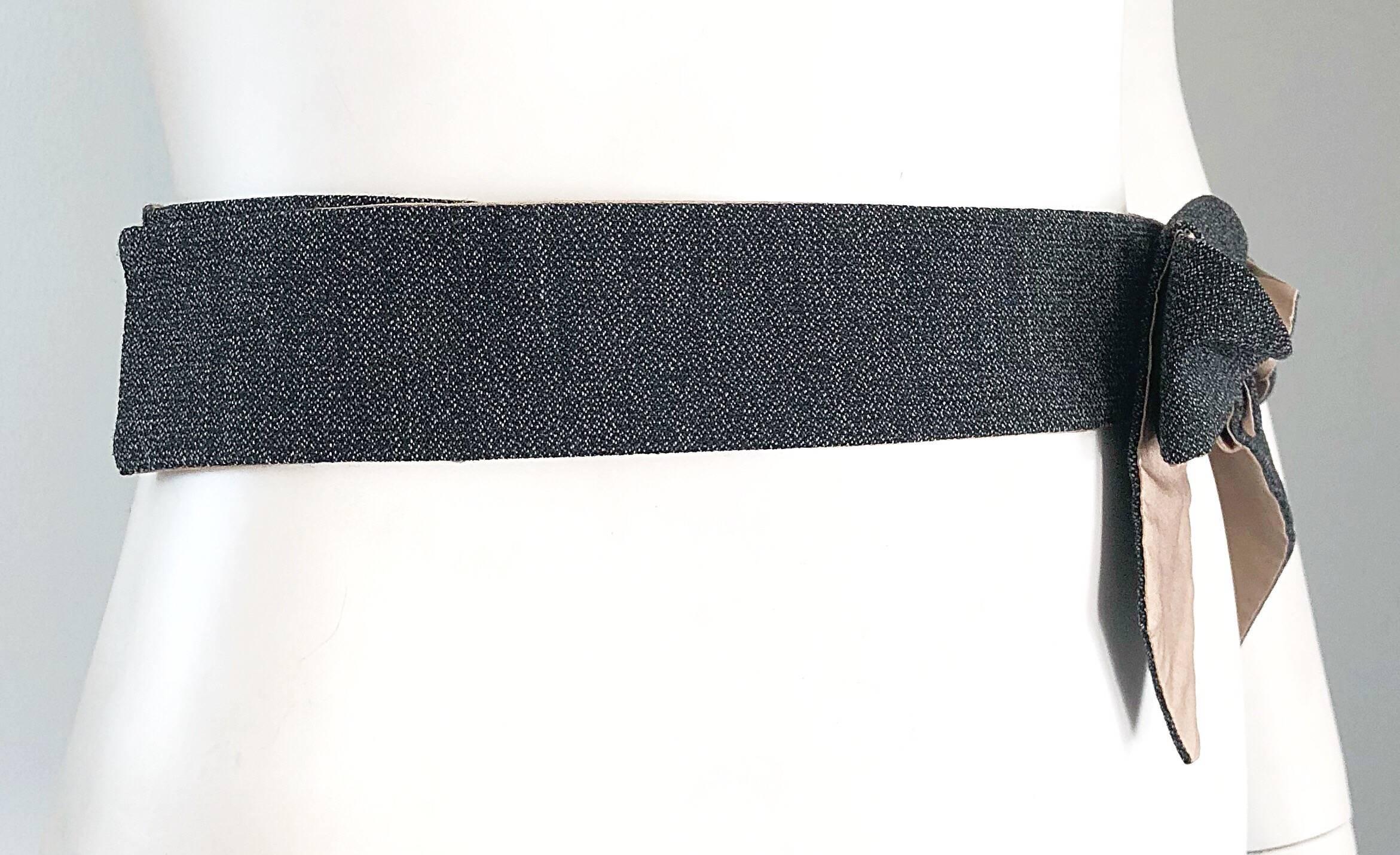 Early 2000s Marni Charcoal Grey Virgin Wool + Khaki Cotton Bow Waist Belt In Excellent Condition For Sale In San Diego, CA