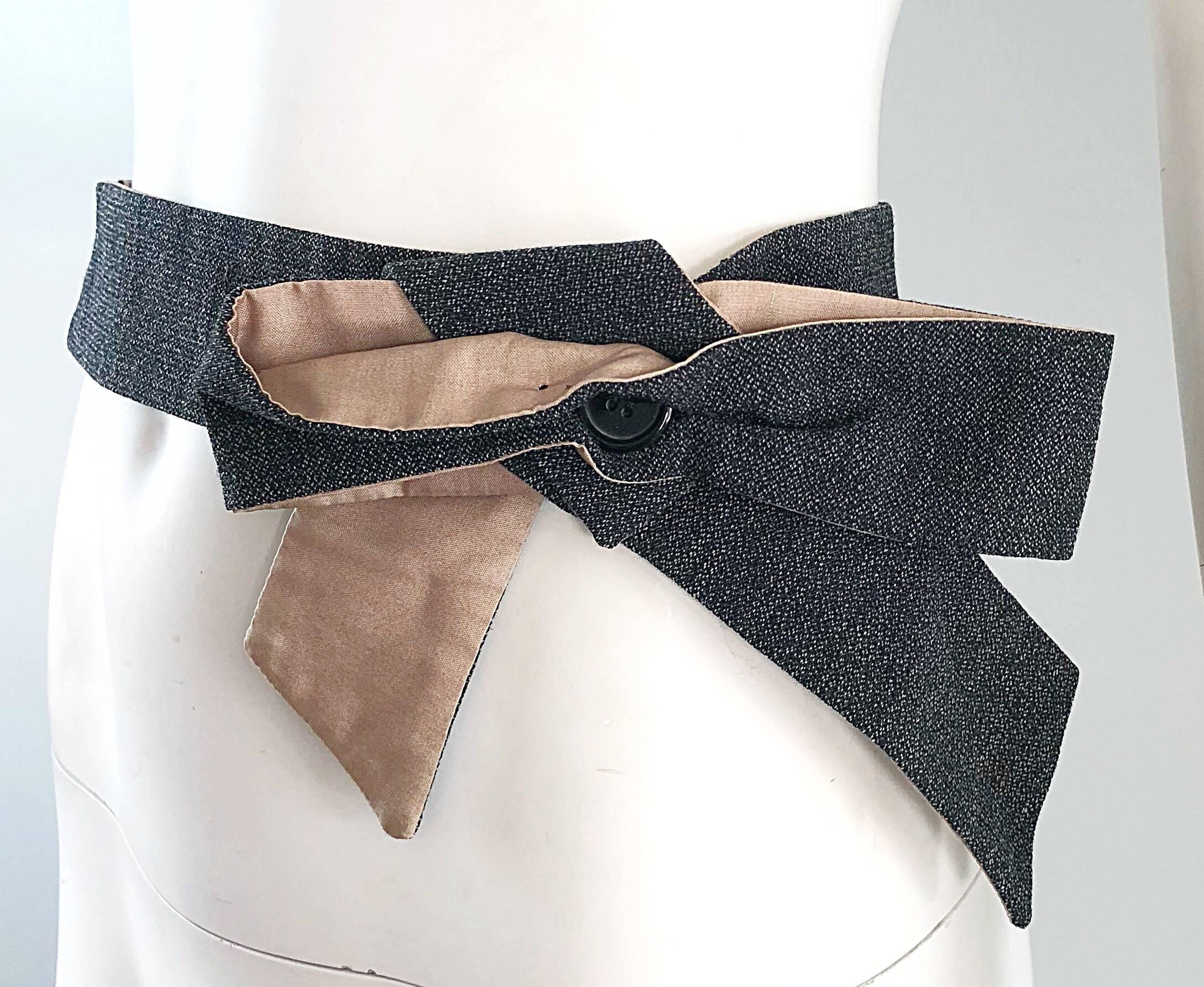 Women's Early 2000s Marni Charcoal Grey Virgin Wool + Khaki Cotton Bow Waist Belt For Sale