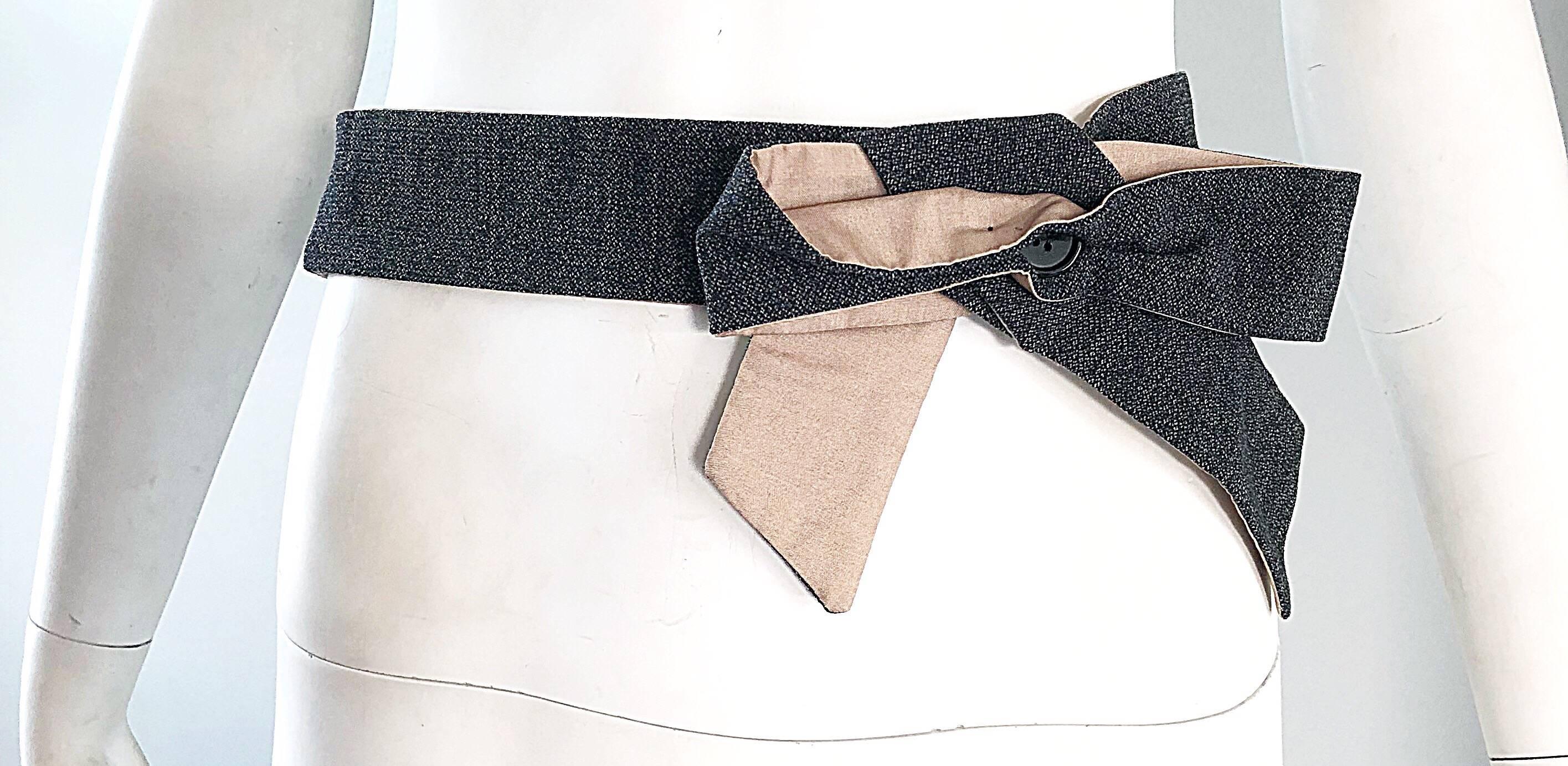 Early 2000s Marni Charcoal Grey Virgin Wool + Khaki Cotton Bow Waist Belt For Sale 2