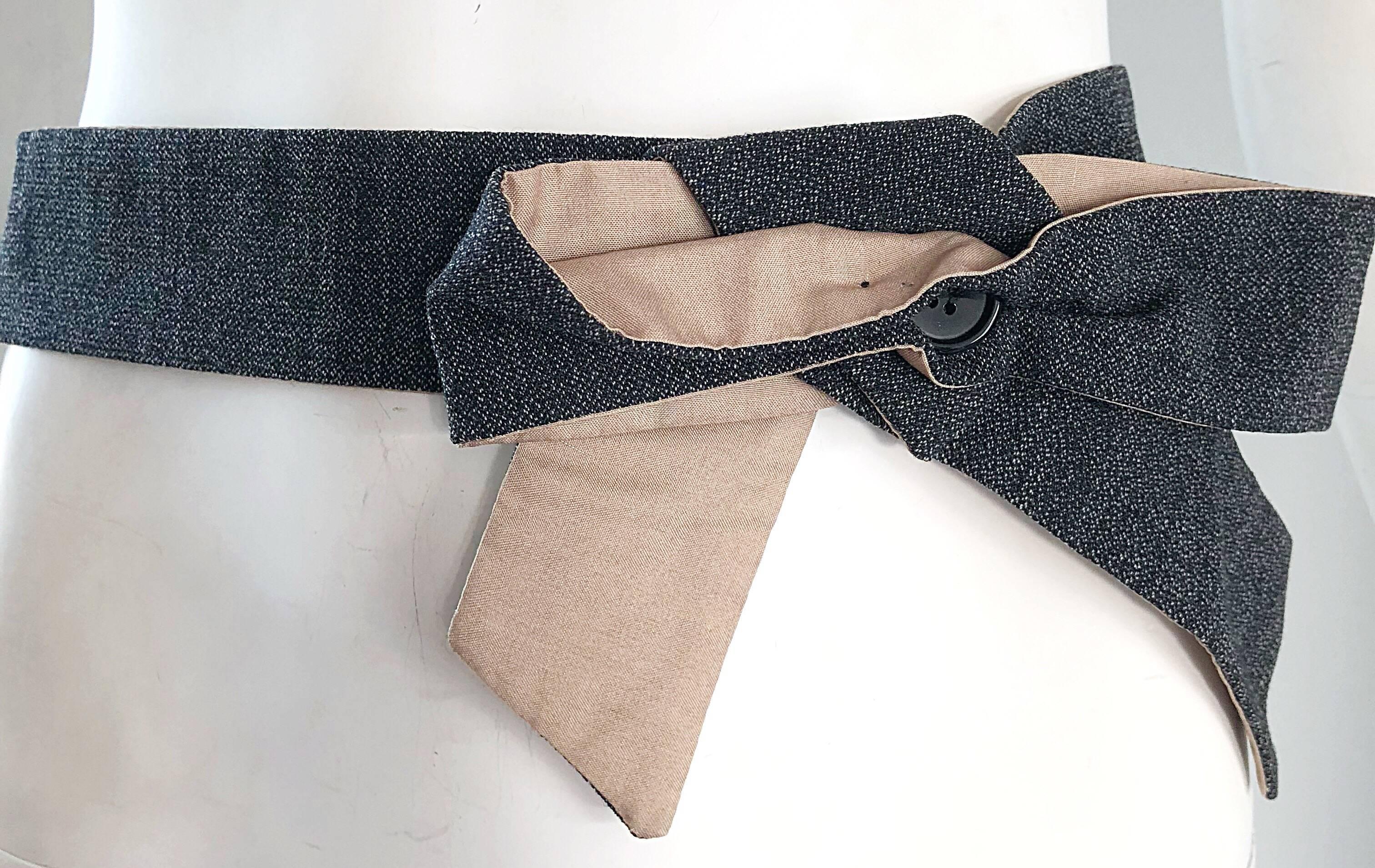 Early 2000s Marni Charcoal Grey Virgin Wool + Khaki Cotton Bow Waist Belt For Sale 1