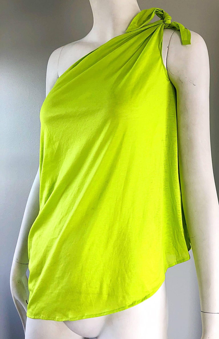 Eres Large Size French Lime Green Cotton One Shoulder Cotton Blouse Top
