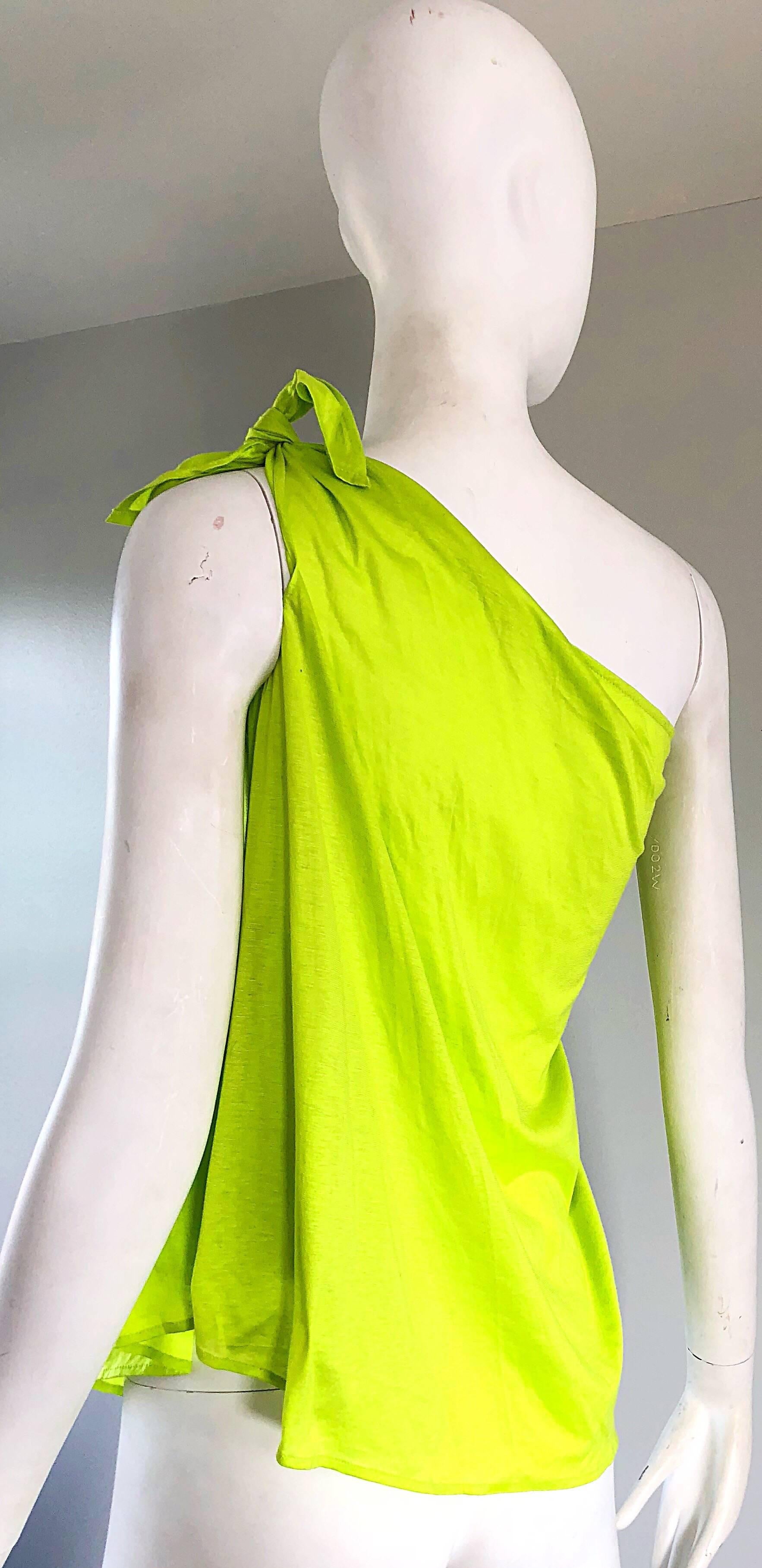 Eres Large Size French Lime Green Cotton One Shoulder Cotton Blouse Top, 1990  In New Condition For Sale In San Diego, CA