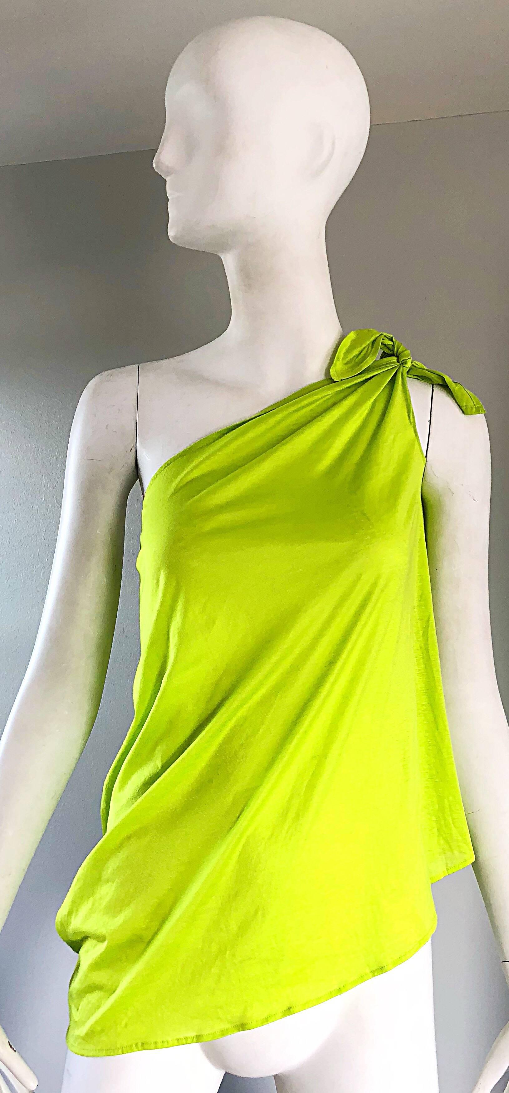 Eres Large Size French Lime Green Cotton One Shoulder Cotton Blouse Top, 1990  For Sale 2