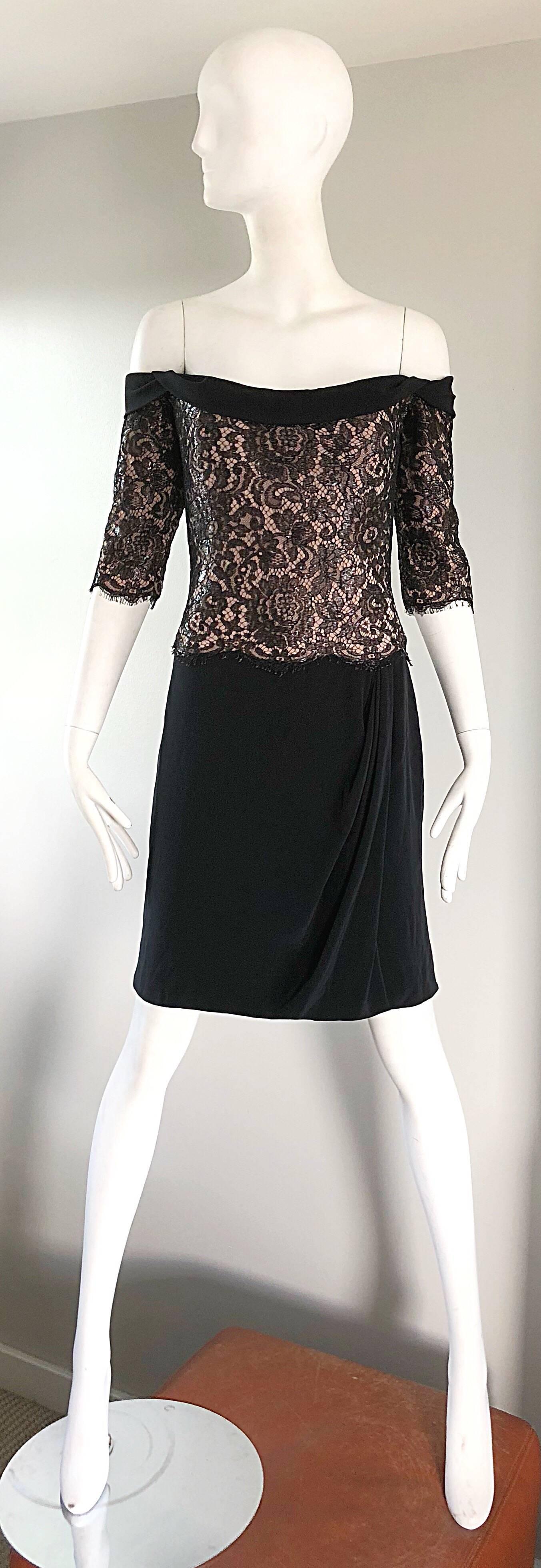 Beautiful vintage 90s BOB MACKIE Size 14 (runs true to size) black and nude lace + crepe cocktail off-the-shoulder 3/4 sleeves dress! Features a fitted nude taupe boned bodice, with a black French lace overlay. Donna Karan has always said that the