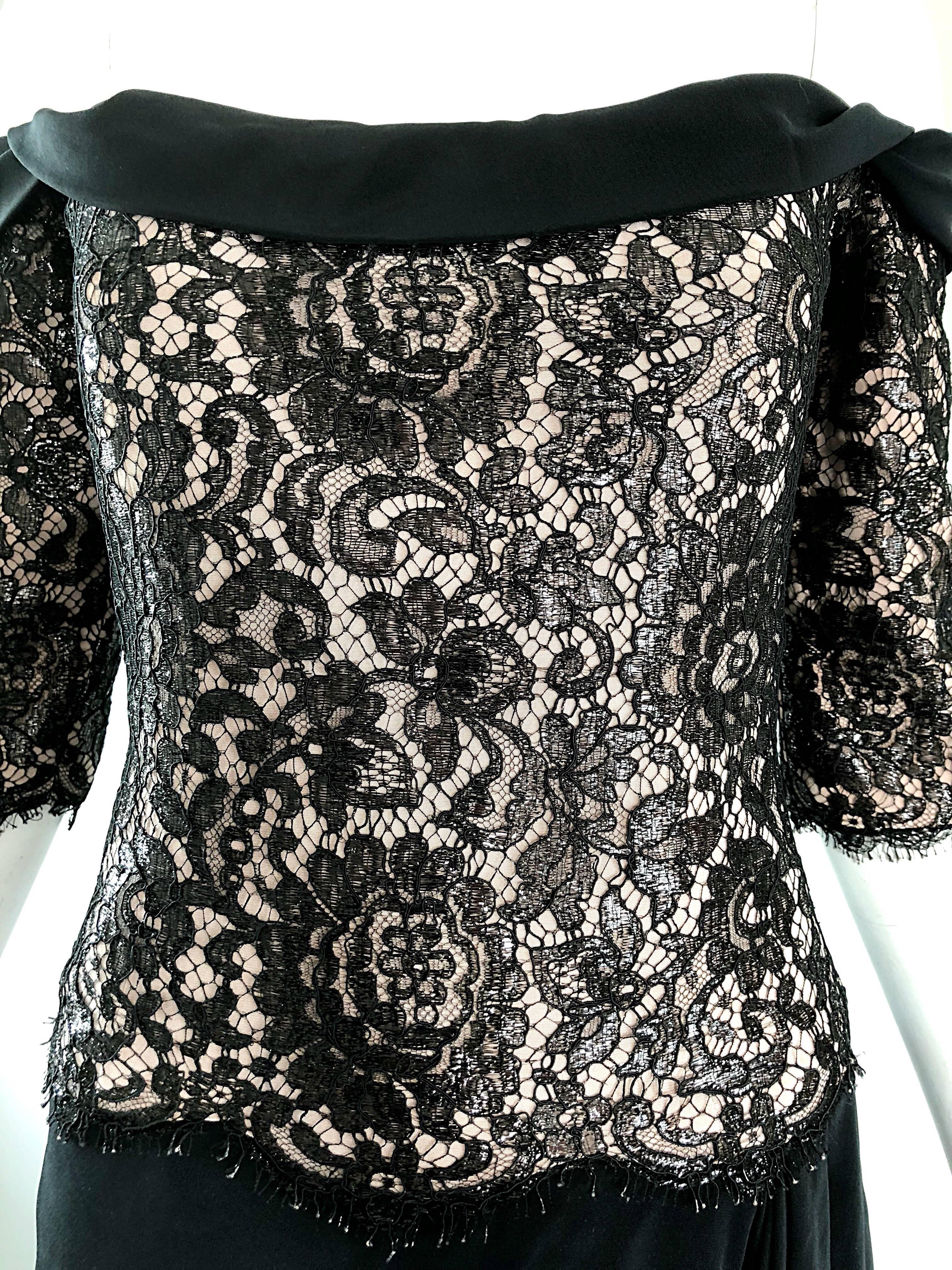 Vintage Bob Mackie Taglia 12 Nero + Nude Pizzo Crepe Off - Shoulder 1990s Dress In condizioni ottime in vendita a San Diego, CA