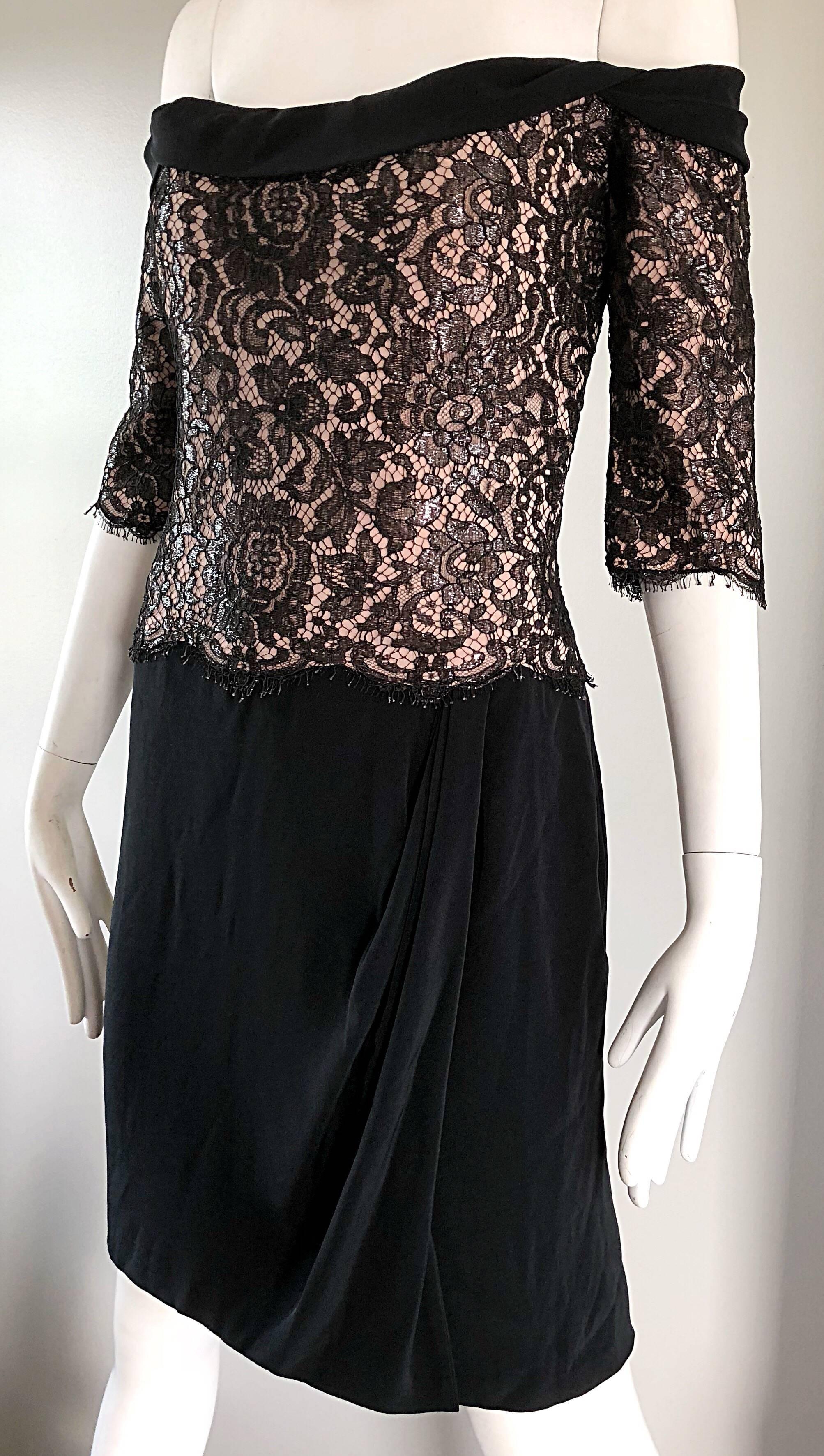 Vintage Bob Mackie Size 12 Black + Nude Lace Crepe Off - Shoulder 1990s Dress In Excellent Condition For Sale In San Diego, CA