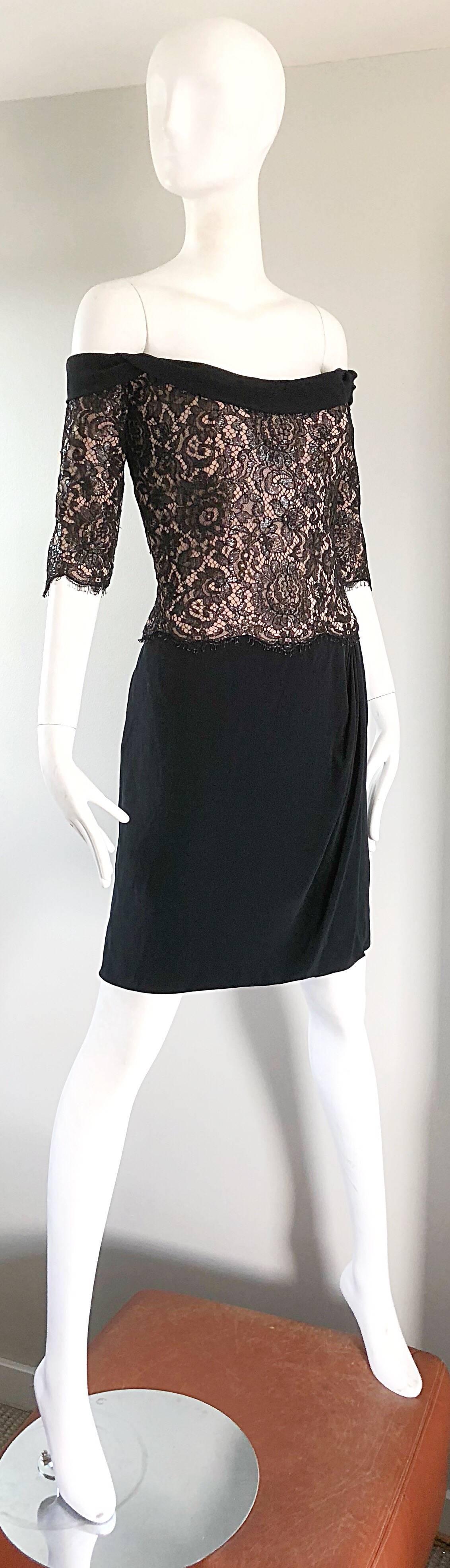 Women's Vintage Bob Mackie Size 12 Black + Nude Lace Crepe Off - Shoulder 1990s Dress For Sale