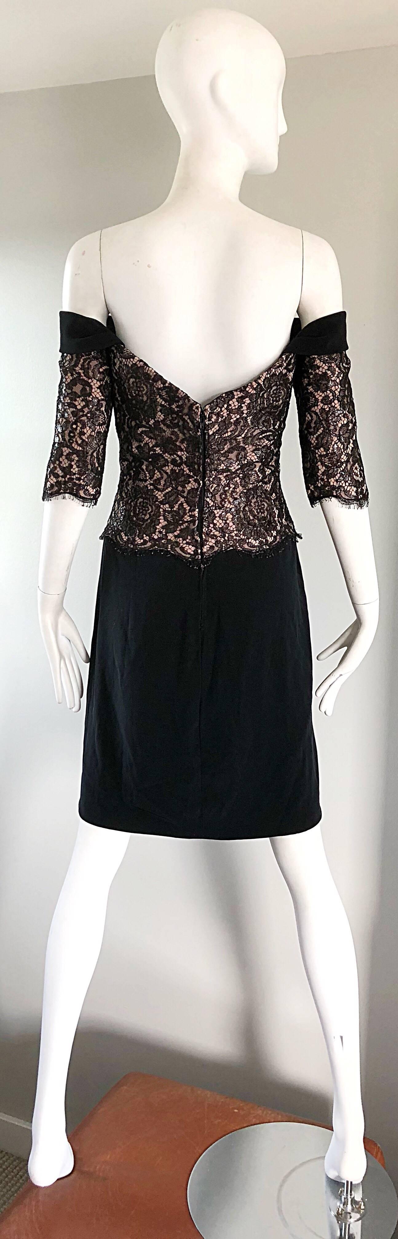 Vintage Bob Mackie Size 12 Black + Nude Lace Crepe Off - Shoulder 1990s Dress For Sale 1