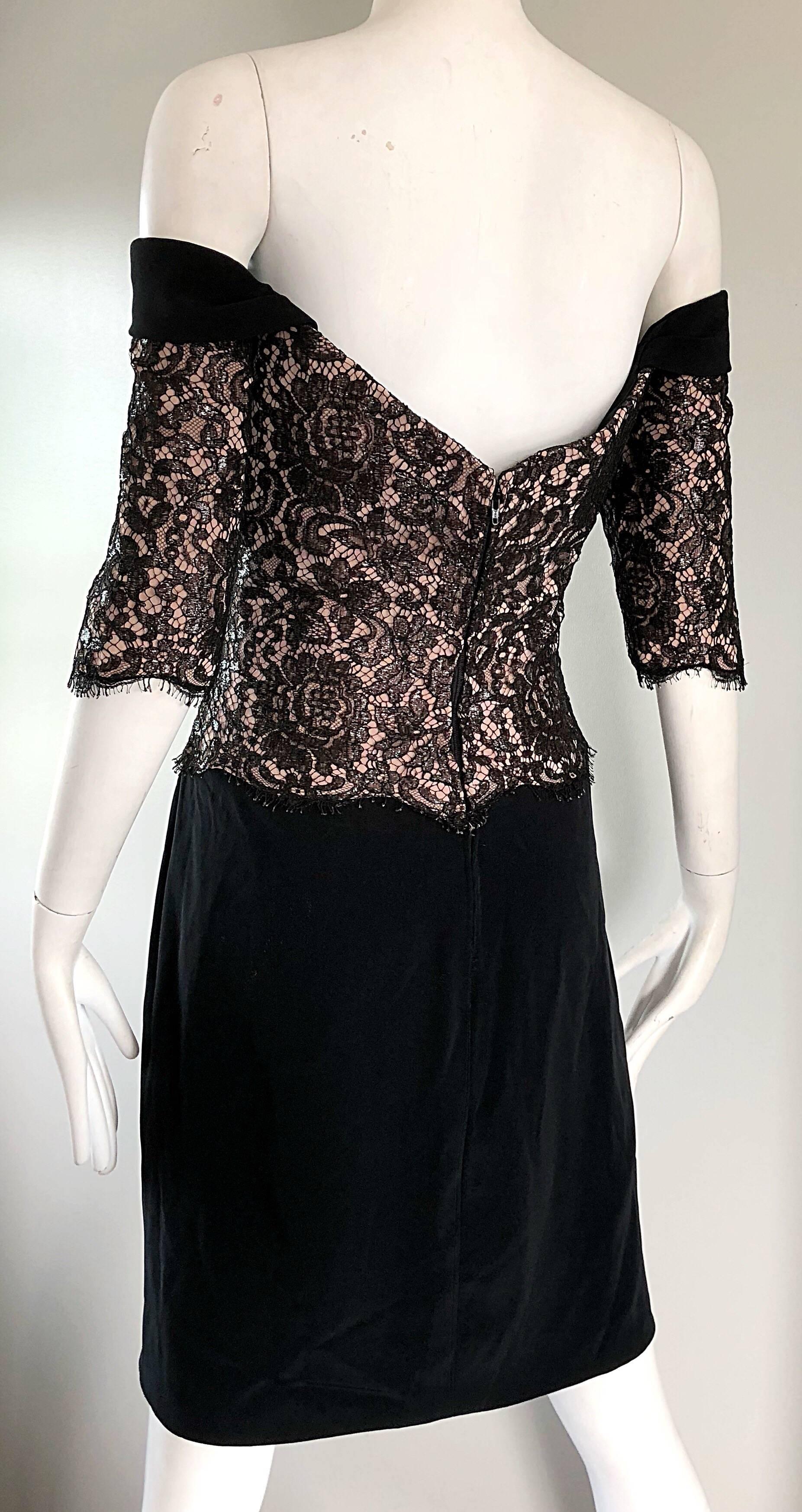 Vintage Bob Mackie Size 12 Black + Nude Lace Crepe Off - Shoulder 1990s Dress For Sale 3
