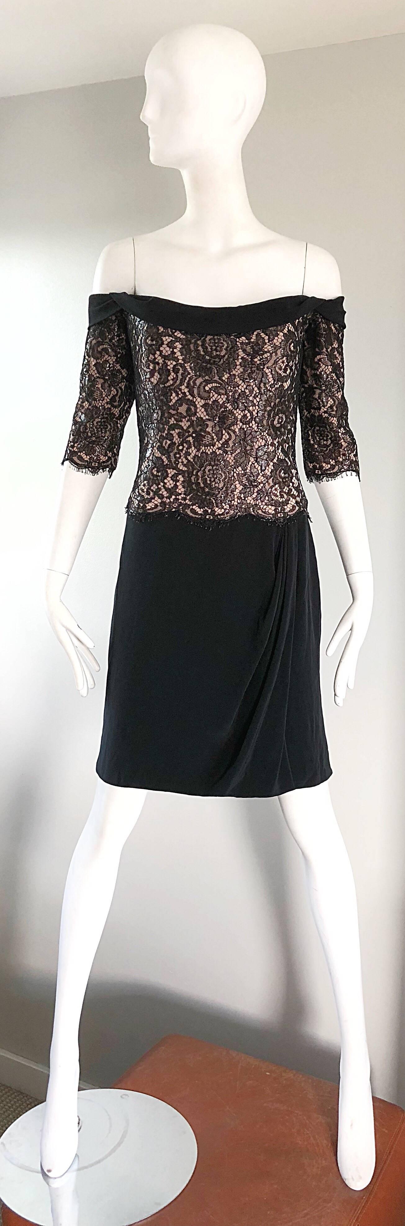 Vintage Bob Mackie Size 12 Black + Nude Lace Crepe Off - Shoulder 1990s Dress For Sale 4