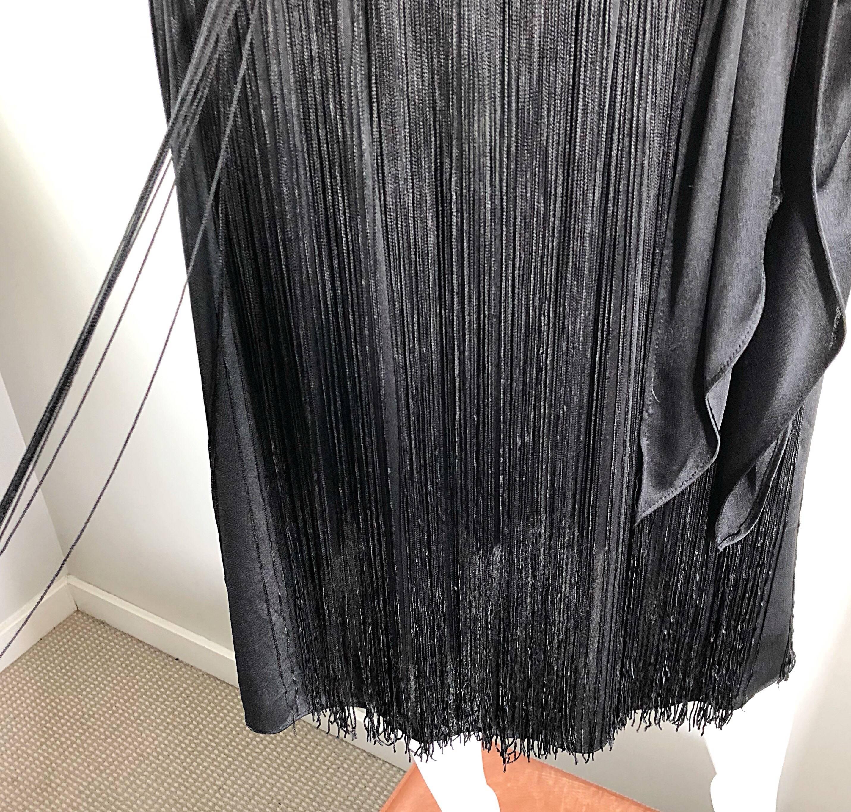 Amazing 1920s Flapper Style Black Jersey Fringe Vintage Disco Dress, 1970s  In Excellent Condition In San Diego, CA