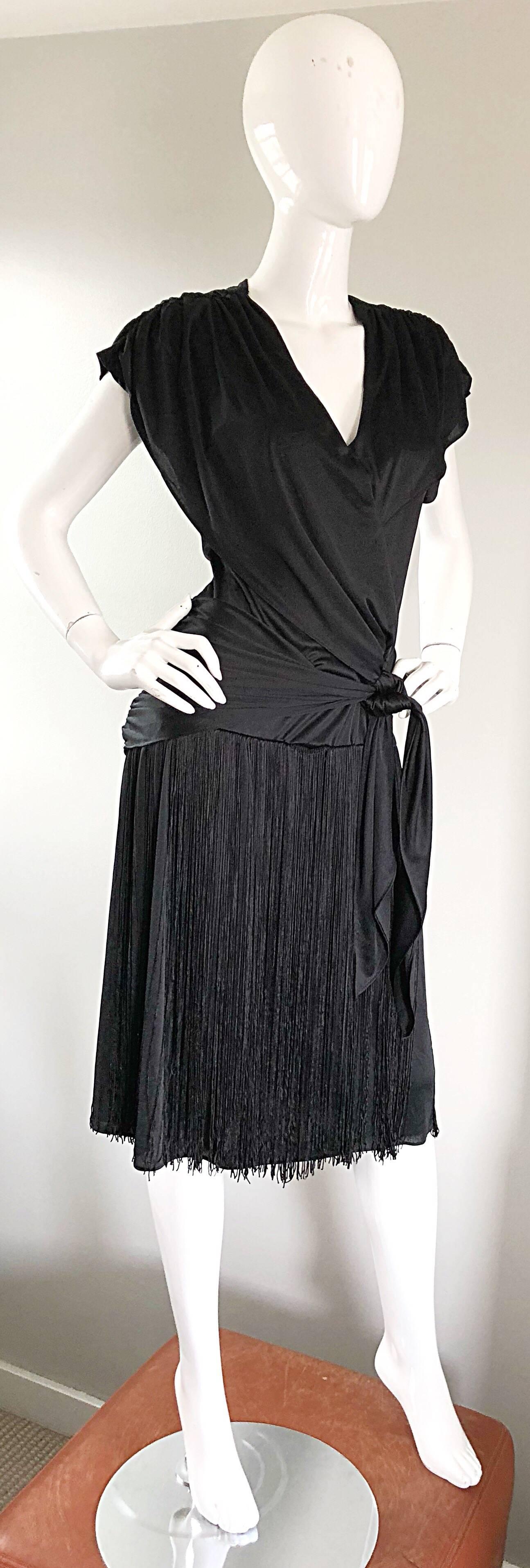 Amazing 1920s Flapper Style Black Jersey Fringe Vintage Disco Dress, 1970s  1
