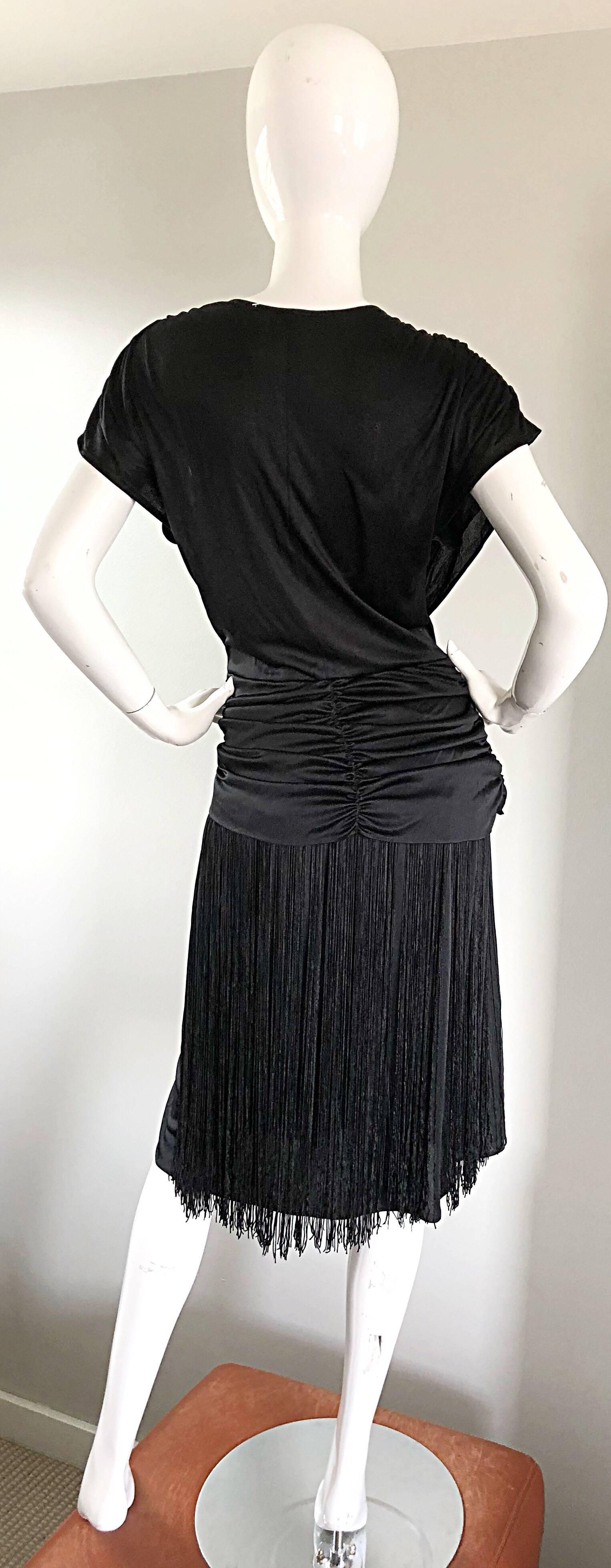 Amazing 1920s Flapper Style Black Jersey Fringe Vintage Disco Dress, 1970s  2