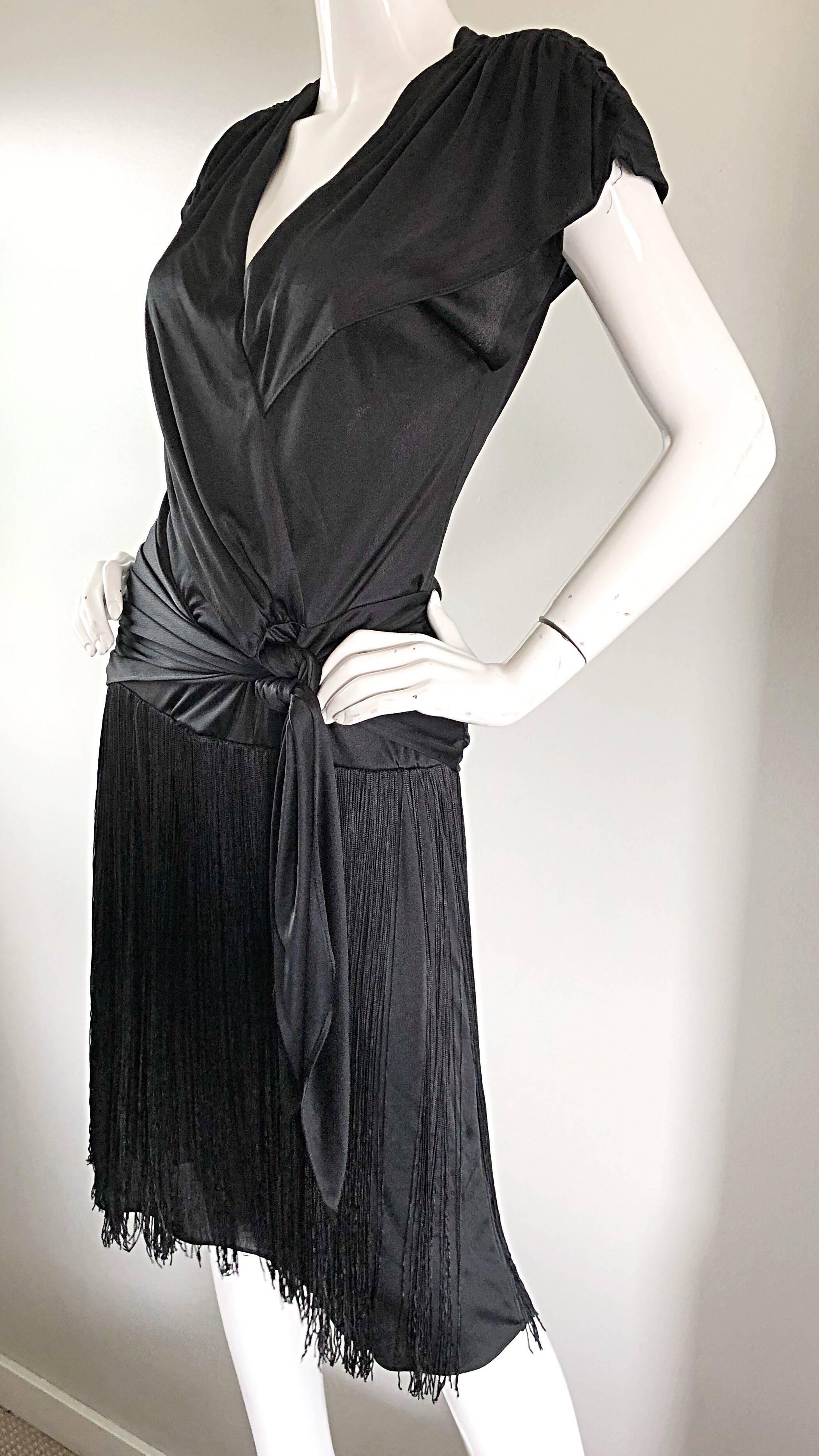 Amazing 1920s Flapper Style Black Jersey Fringe Vintage Disco Dress, 1970s  3
