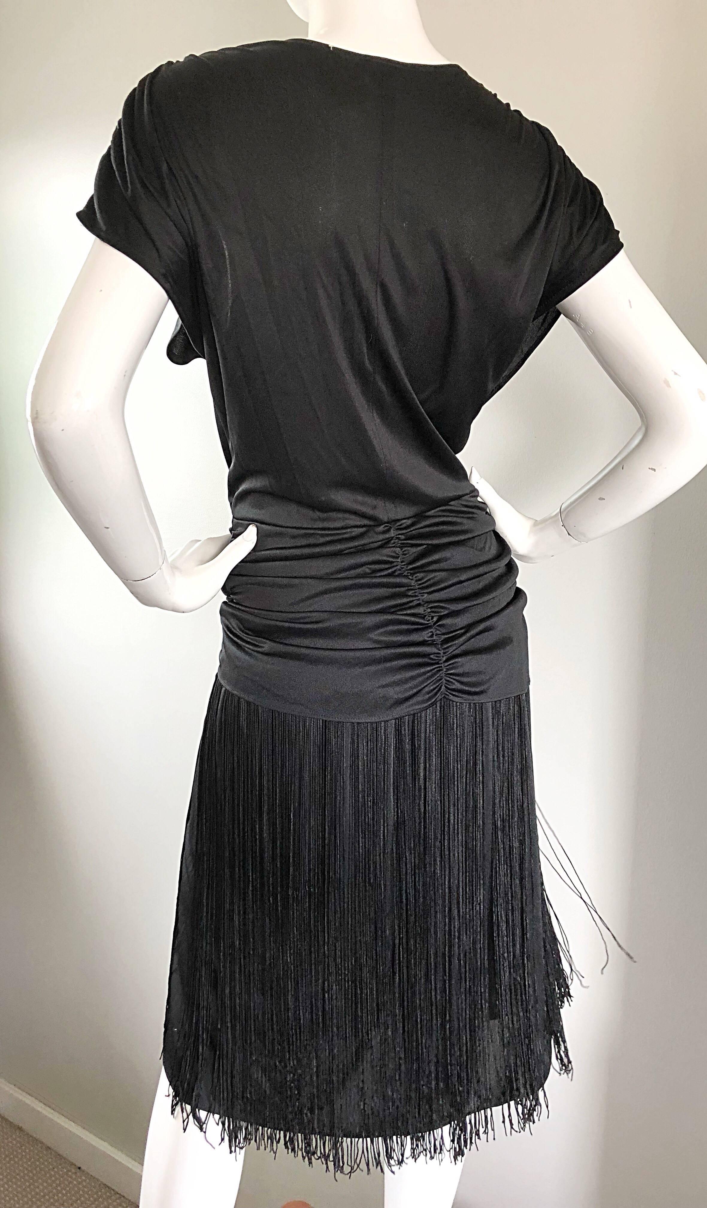 Amazing 1920s Flapper Style Black Jersey Fringe Vintage Disco Dress, 1970s  5