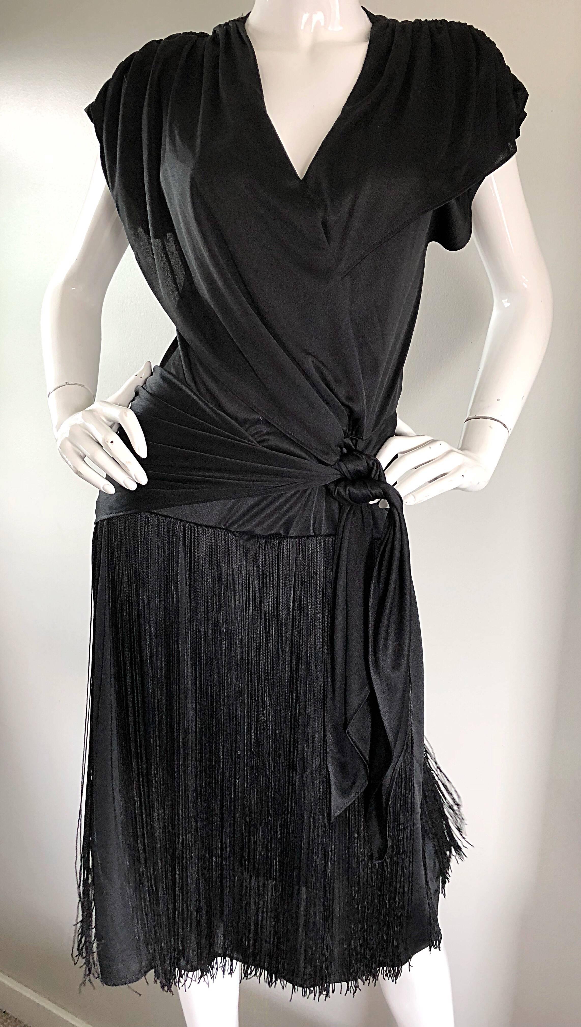 Amazing 1920s Flapper Style Black Jersey Fringe Vintage Disco Dress, 1970s  4