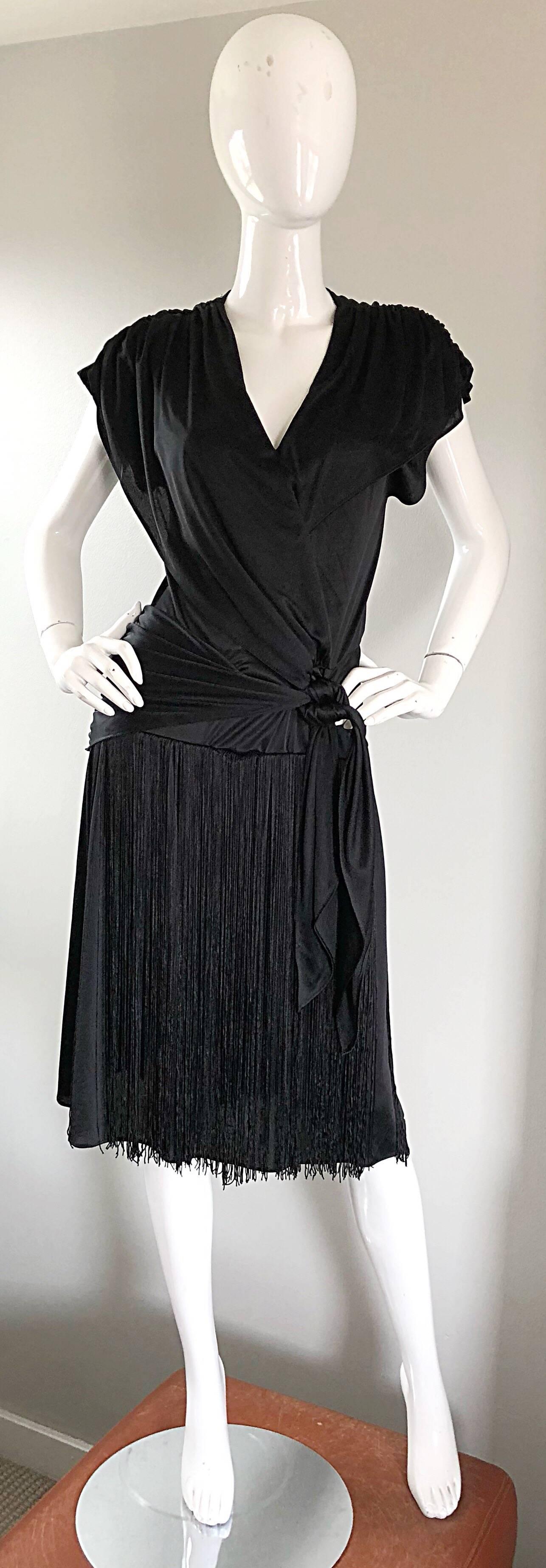Amazing 1920s Flapper Style Black Jersey Fringe Vintage Disco Dress, 1970s  6