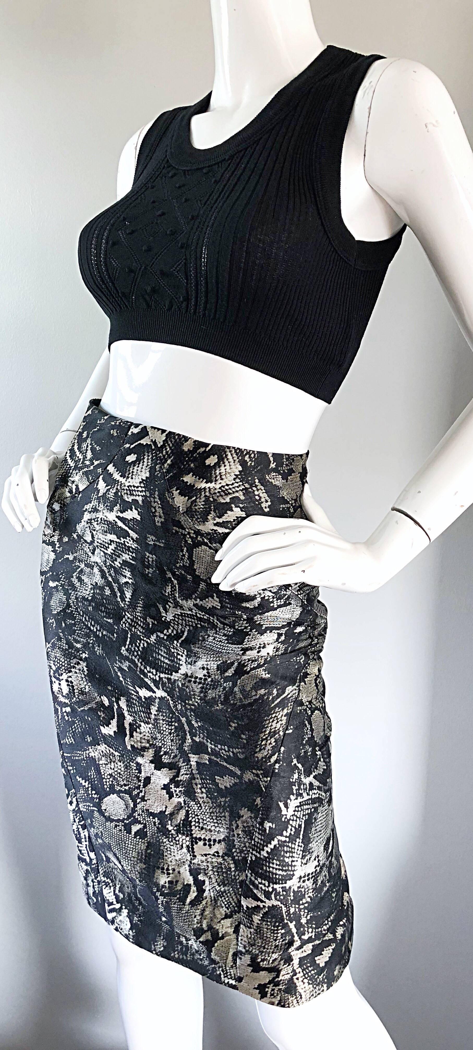Zac Posen Y2K New Black White Silver Snake Print Silk High Waisted Pencil Skirt For Sale 1