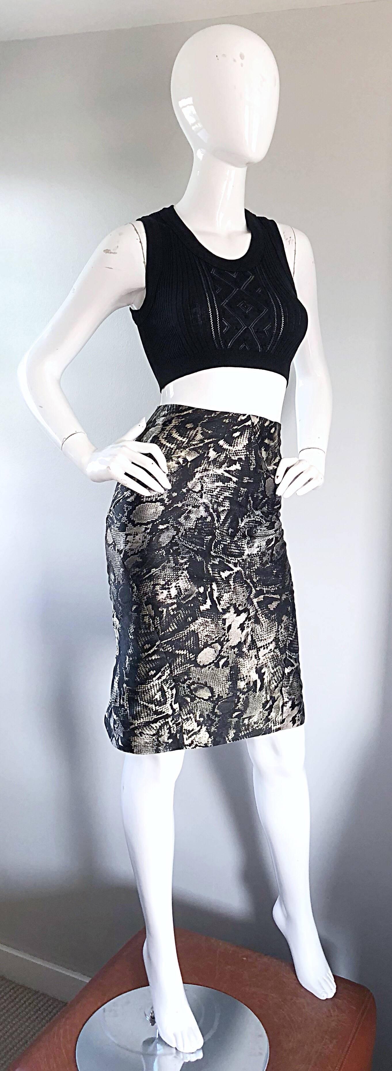 Zac Posen Y2K New Black White Silver Snake Print Silk High Waisted Pencil Skirt For Sale 2
