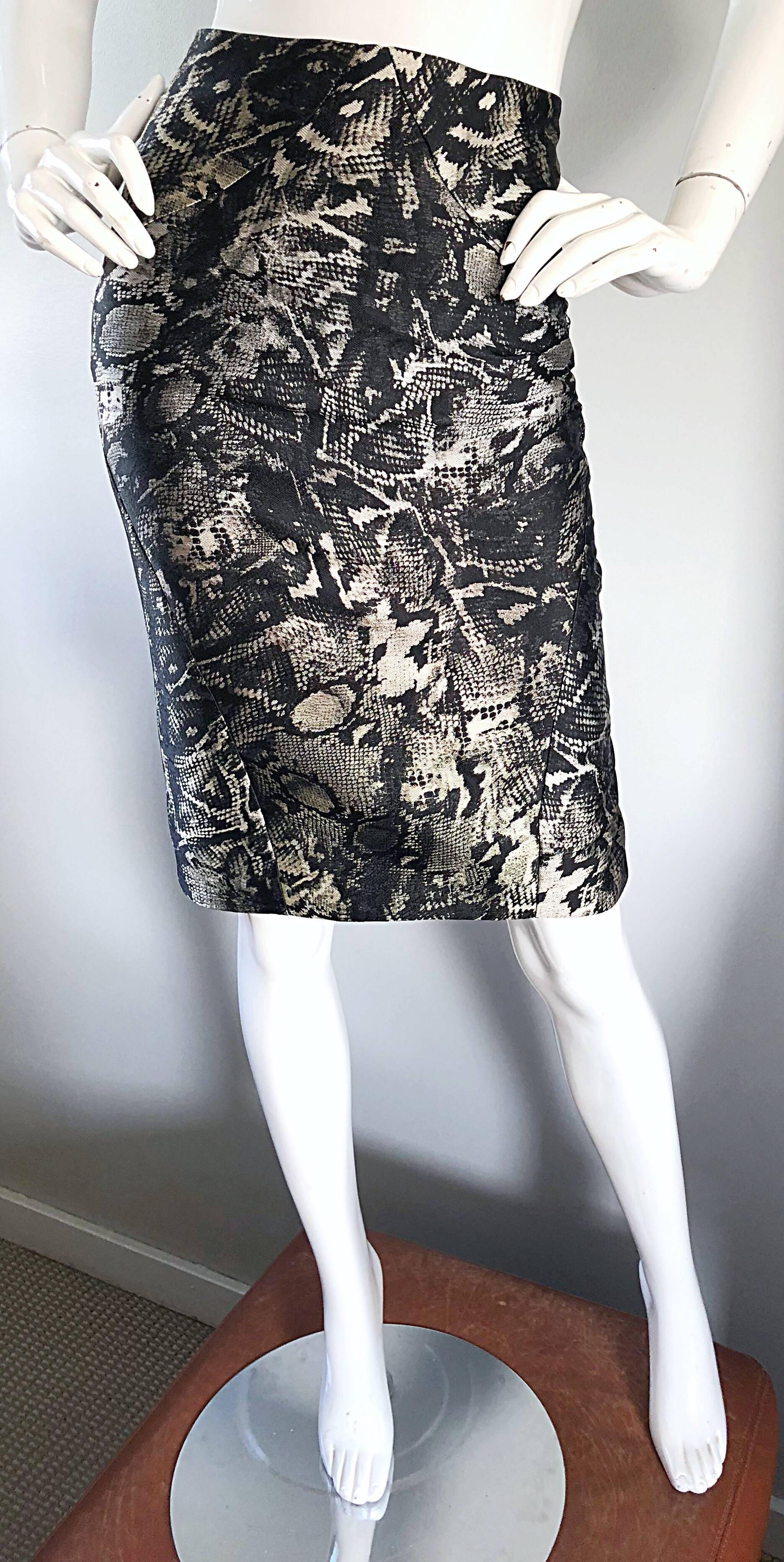 Zac Posen Y2K New Black White Silver Snake Print Silk High Waisted Pencil Skirt For Sale 4