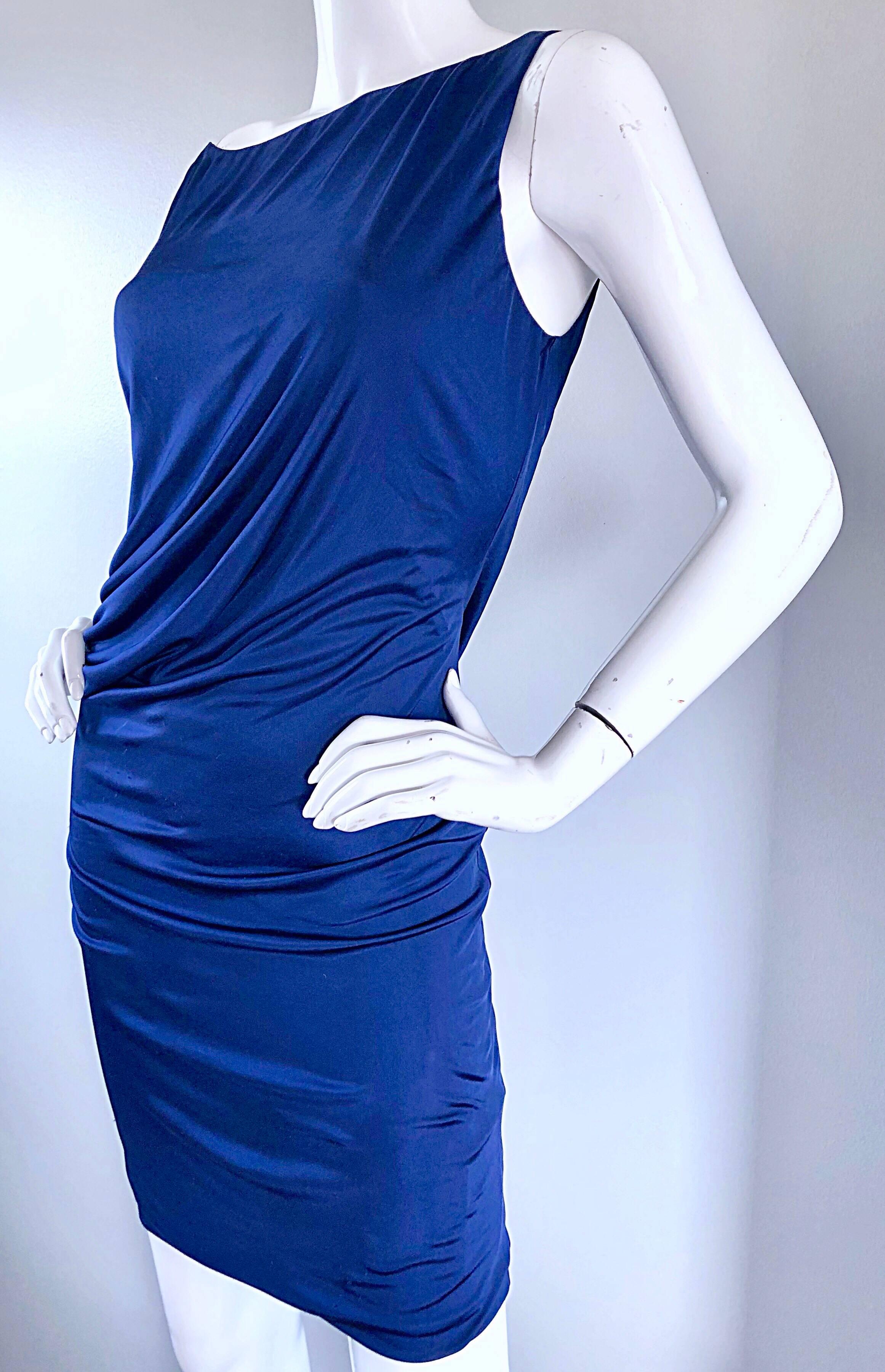 Women's Roberto Cavalli Vintage Navy Blue Silk Jersey Off Shoulder Sexy Dress, 1990s 