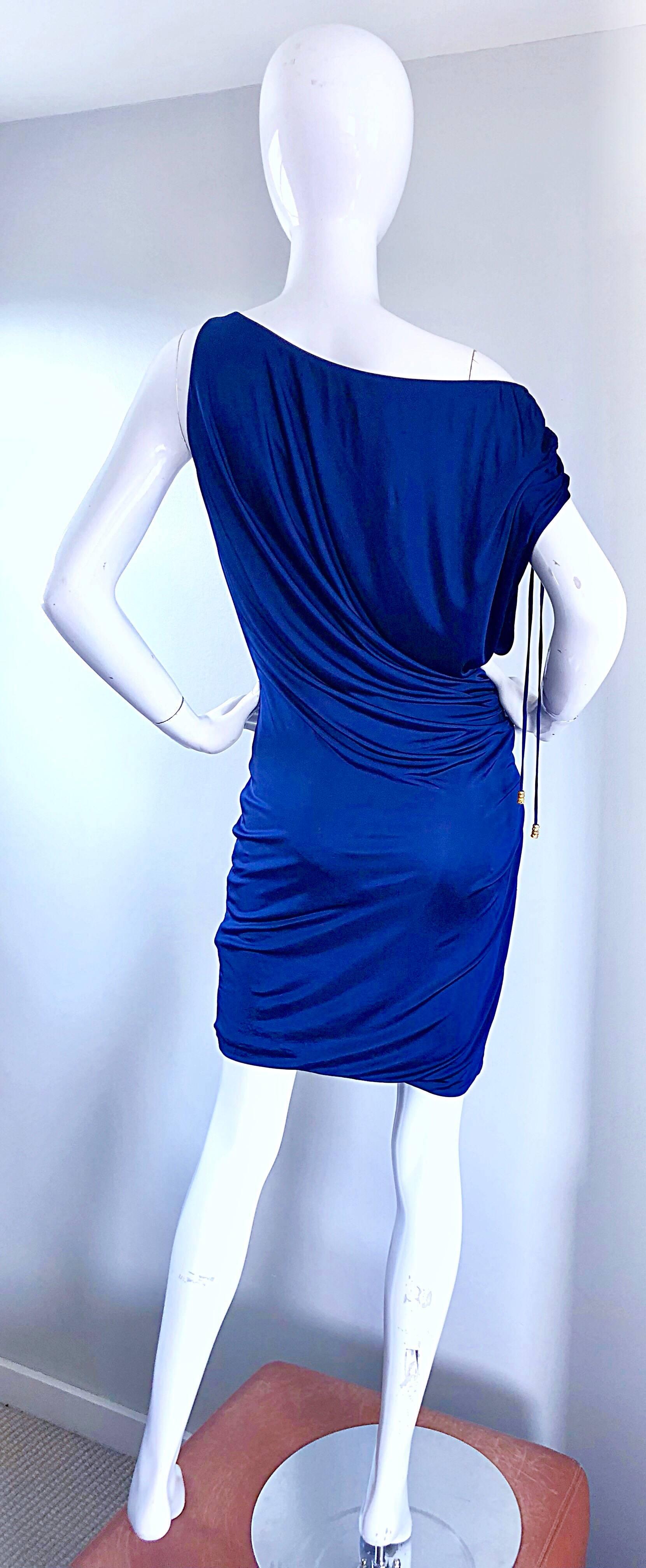 Roberto Cavalli Vintage Navy Blue Silk Jersey Off Shoulder Sexy Dress, 1990s  2