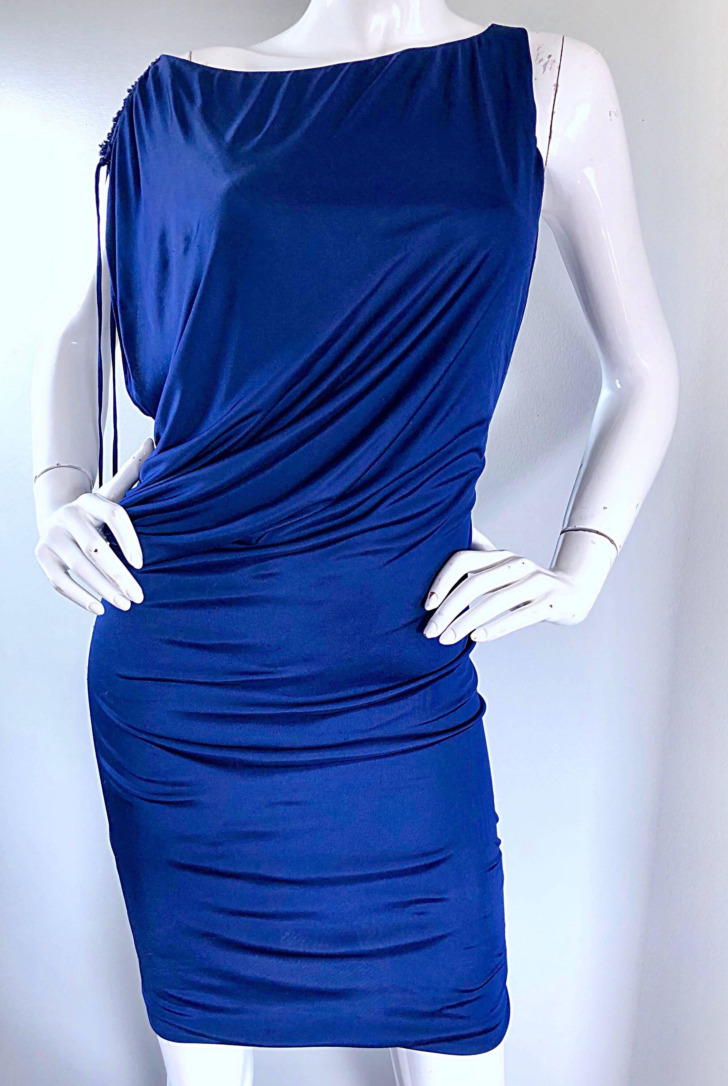 Roberto Cavalli Vintage Navy Blue Silk Jersey Off Shoulder Sexy Dress, 1990s  4
