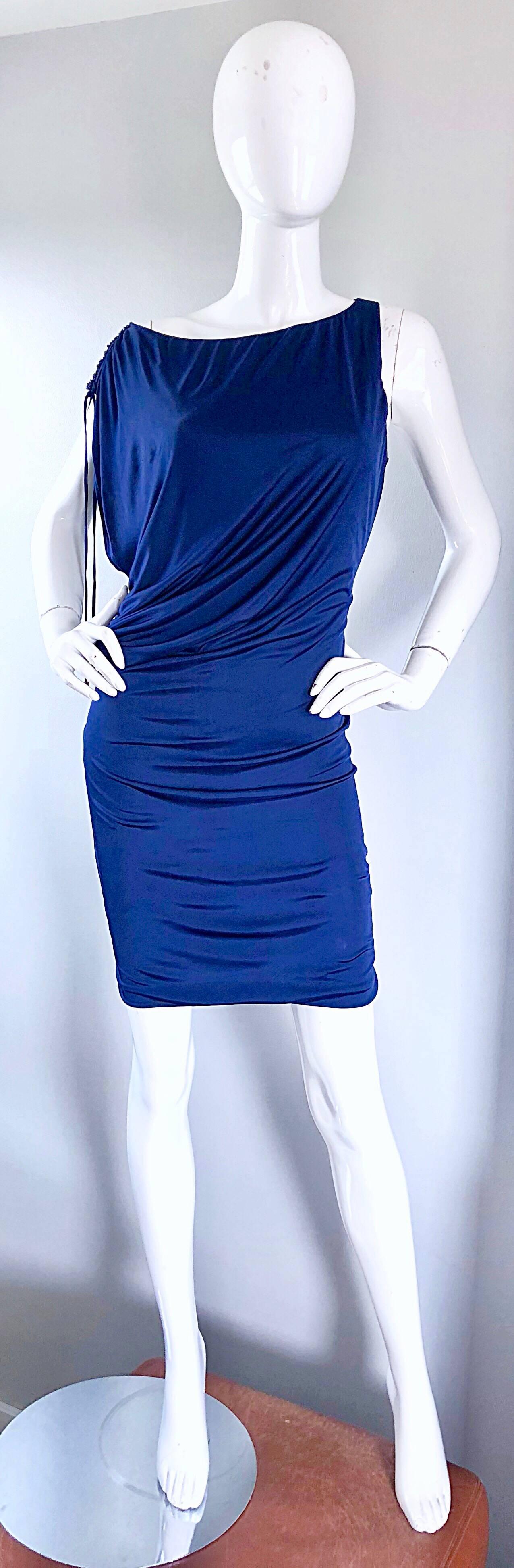 Roberto Cavalli Vintage Navy Blue Silk Jersey Off Shoulder Sexy Dress, 1990s  5