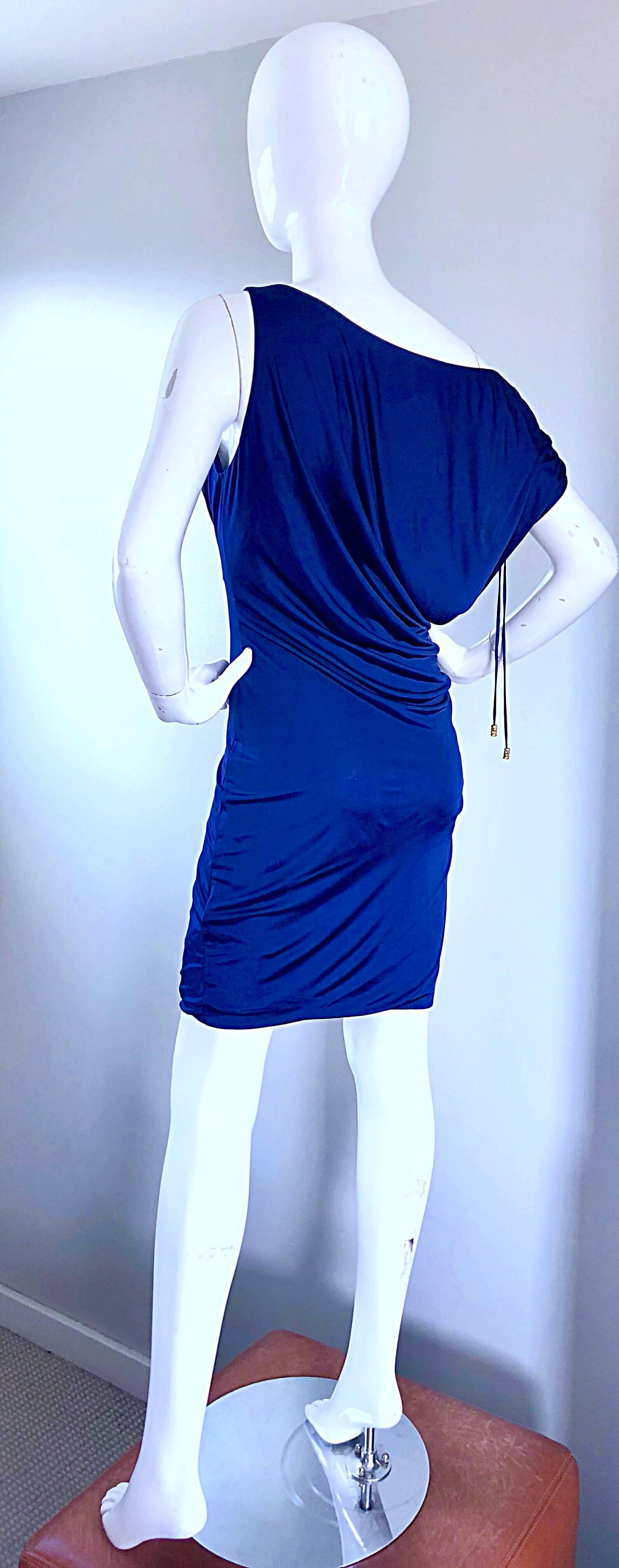 Roberto Cavalli Vintage Navy Blue Silk Jersey Off Shoulder Sexy Dress, 1990s  3