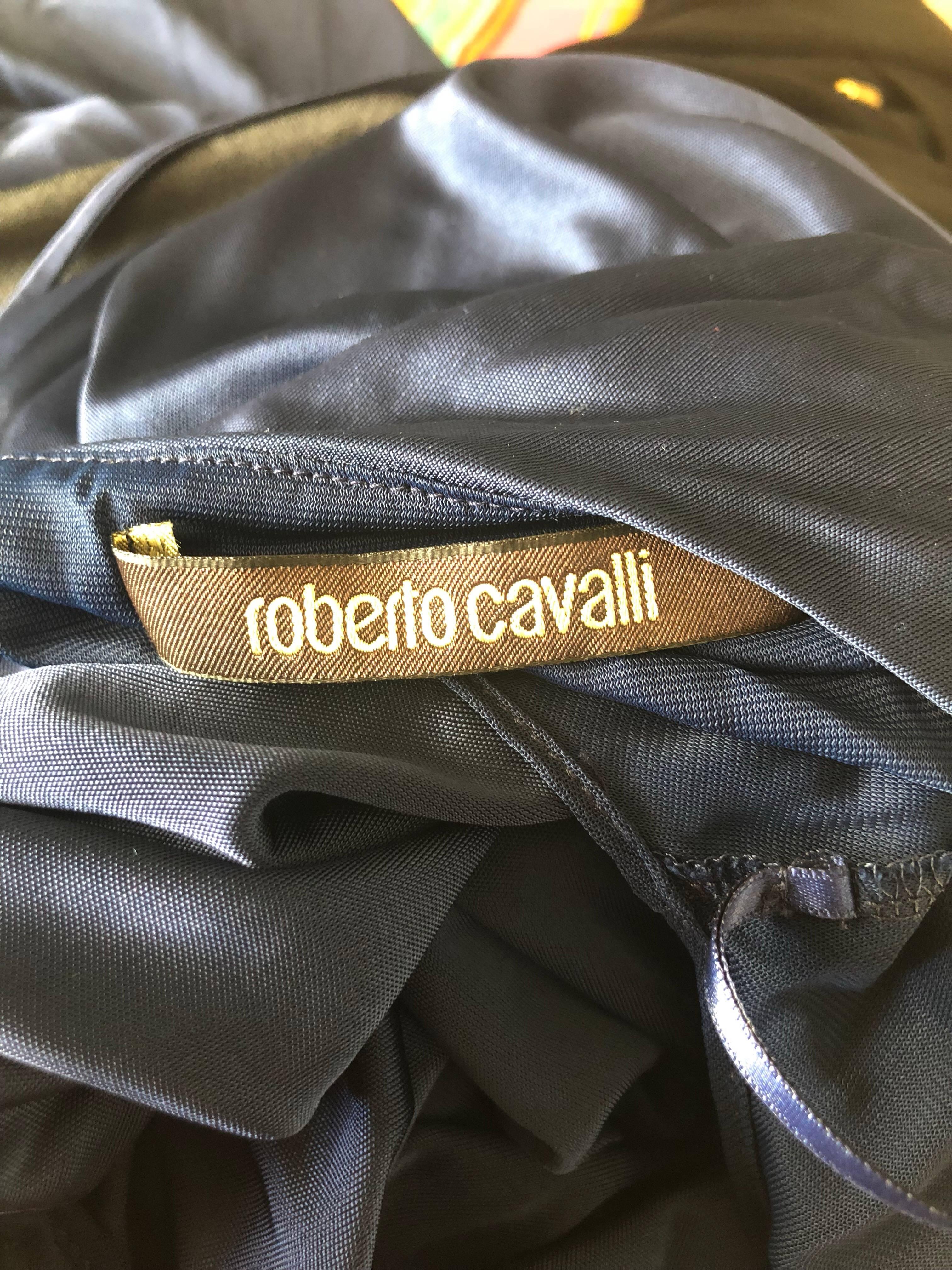 Roberto Cavalli Vintage Navy Blue Silk Jersey Off Shoulder Sexy Dress, 1990s  6
