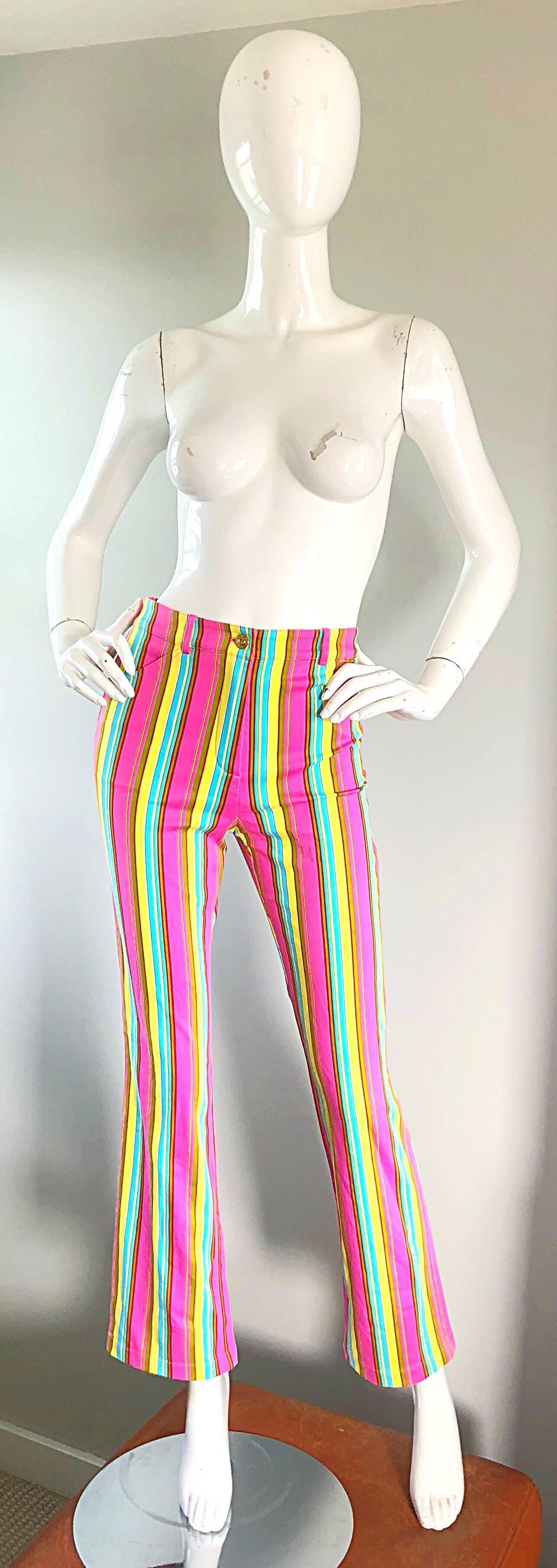 Amazing 1990s ST JOHN by MARIE GRAY high waisted striped bootcut trousers! Features vertical stripes in vibrant colors of hot pink, turquoise blue, light brown, and white--the ULTIMATE in a flattering fit! Current fashionable high waisted, with a