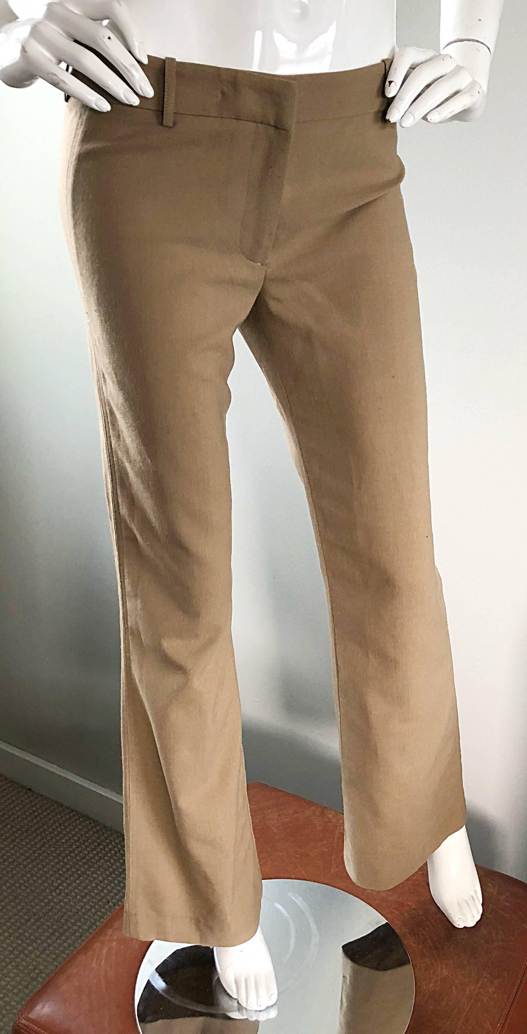 1990s Katayone Adeli Size 4 Khaki Taupe Low Rise Flared Leg Vintage 90s Pants In Excellent Condition In San Diego, CA