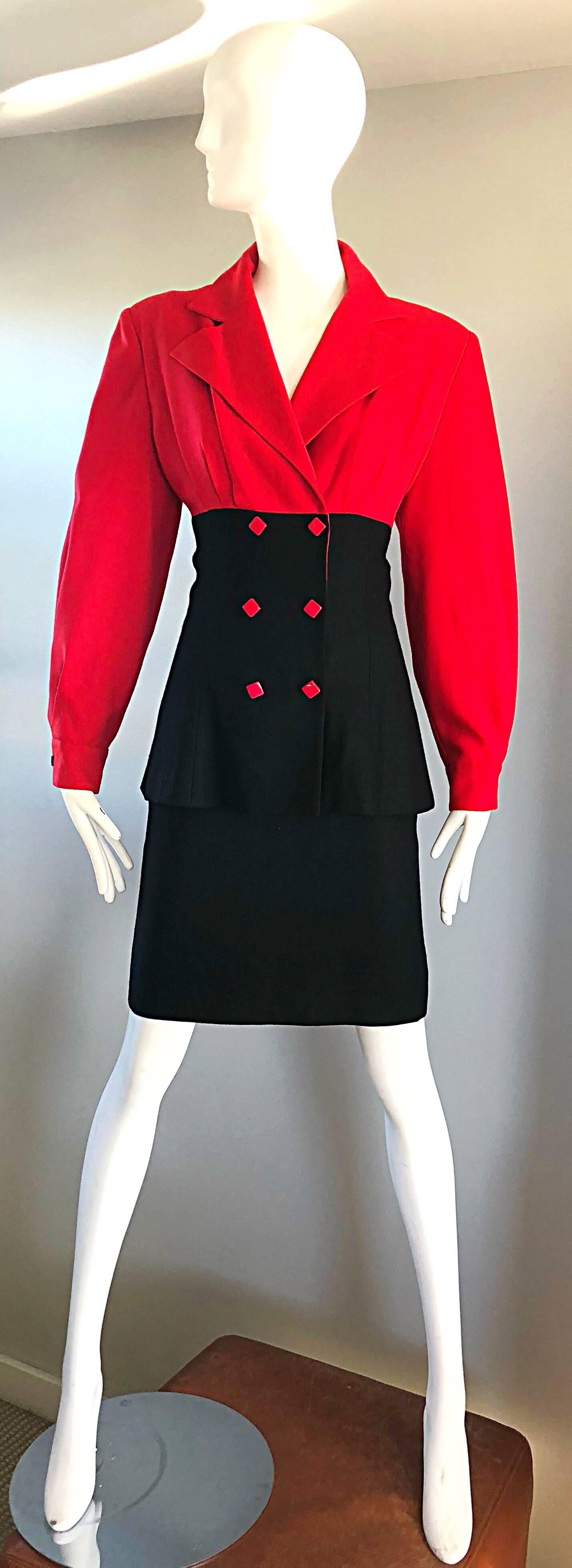 Amazing vintage PATRICK KELLY lipstick red and black color block double breasted skirt suit! This rare gem was owned by, 