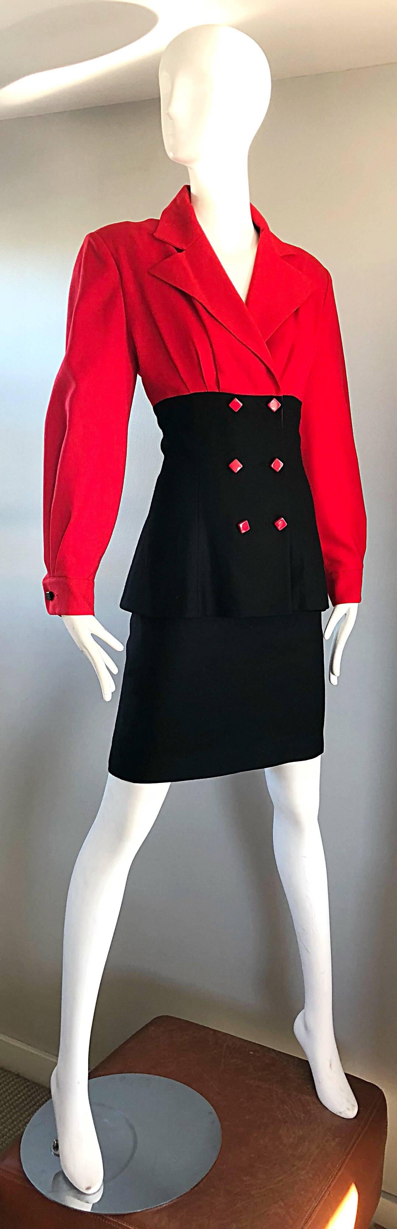 Patrick Kelly Vintage Lipstick Red and Black Color Block Avant Garde Skirt Suit In Excellent Condition In San Diego, CA