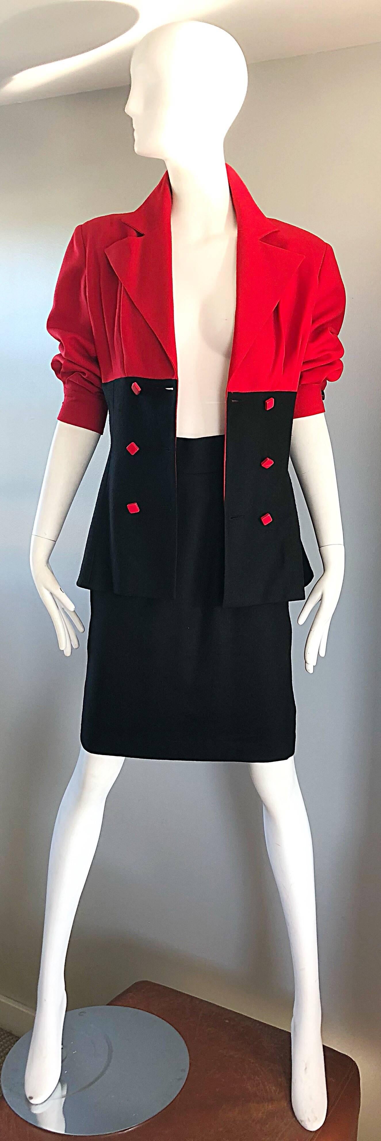 Women's Patrick Kelly Vintage Lipstick Red and Black Color Block Avant Garde Skirt Suit