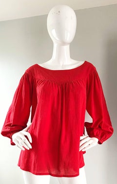 1970s Yves Saint Laurent Russian Collection Lipstick Red Boho Peasant Blouse Top