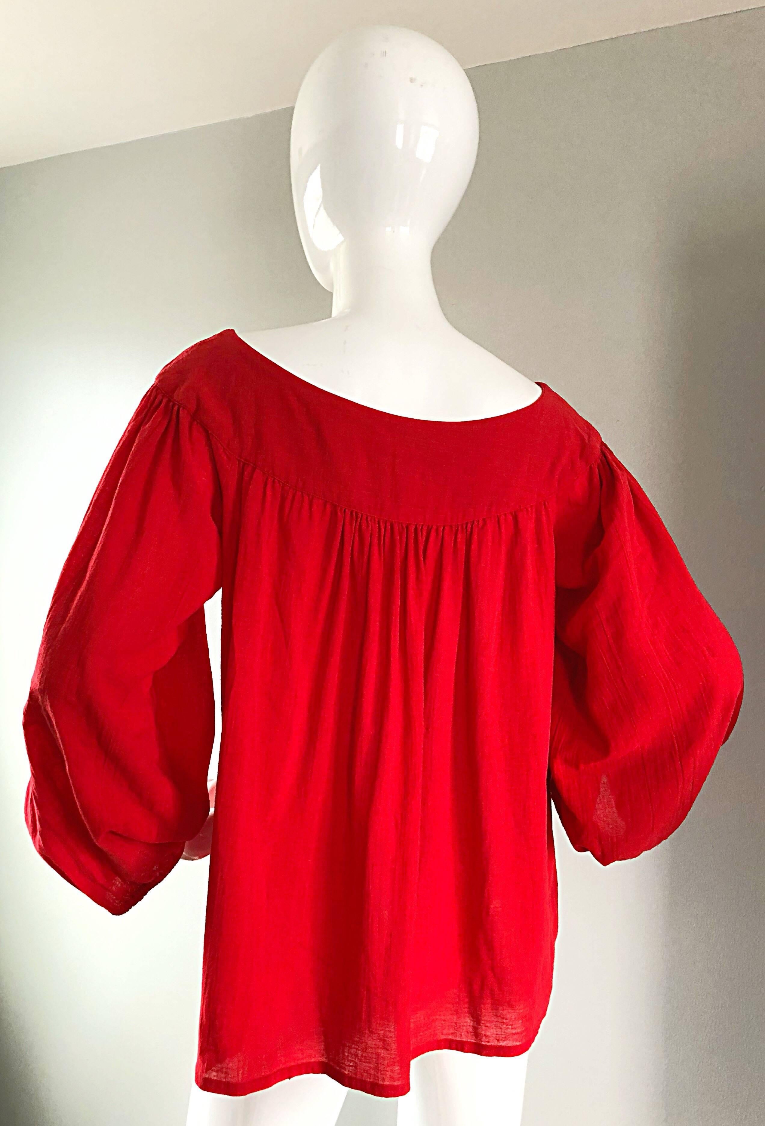 1970s Yves Saint Laurent Russian Collection Lipstick Red Boho Peasant Blouse Top In Excellent Condition In San Diego, CA