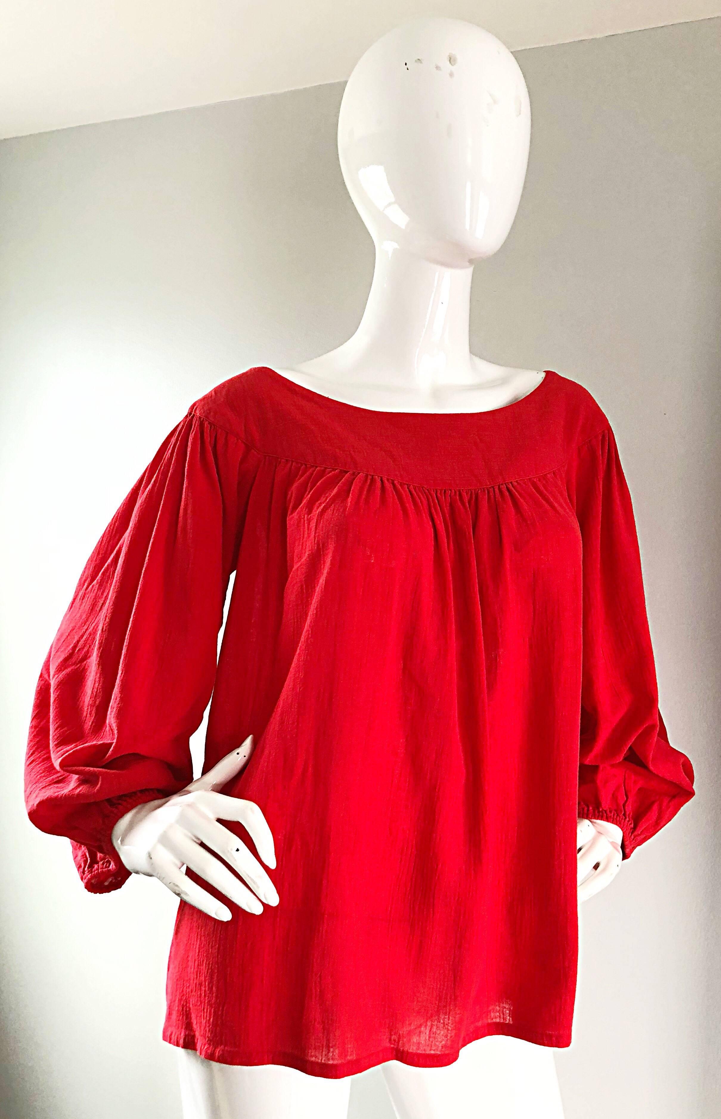 Women's 1970s Yves Saint Laurent Russian Collection Lipstick Red Boho Peasant Blouse Top