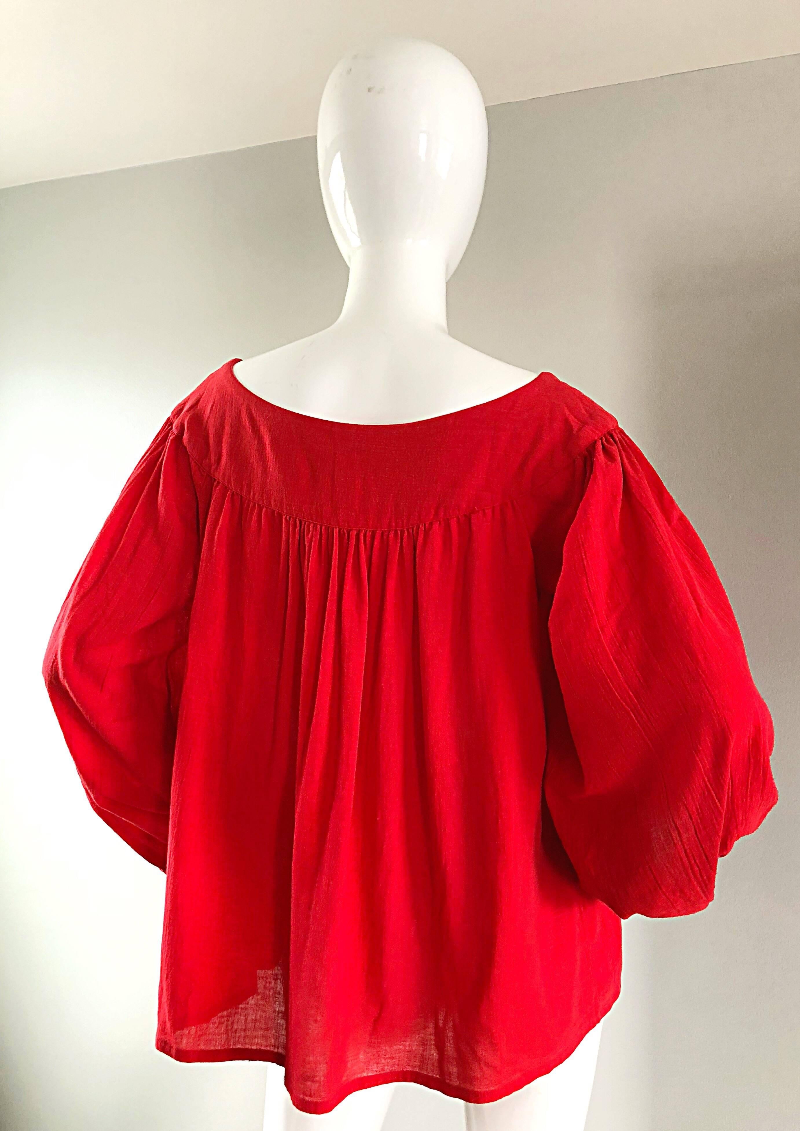 1970s Yves Saint Laurent Russian Collection Lipstick Red Boho Peasant Blouse Top 1