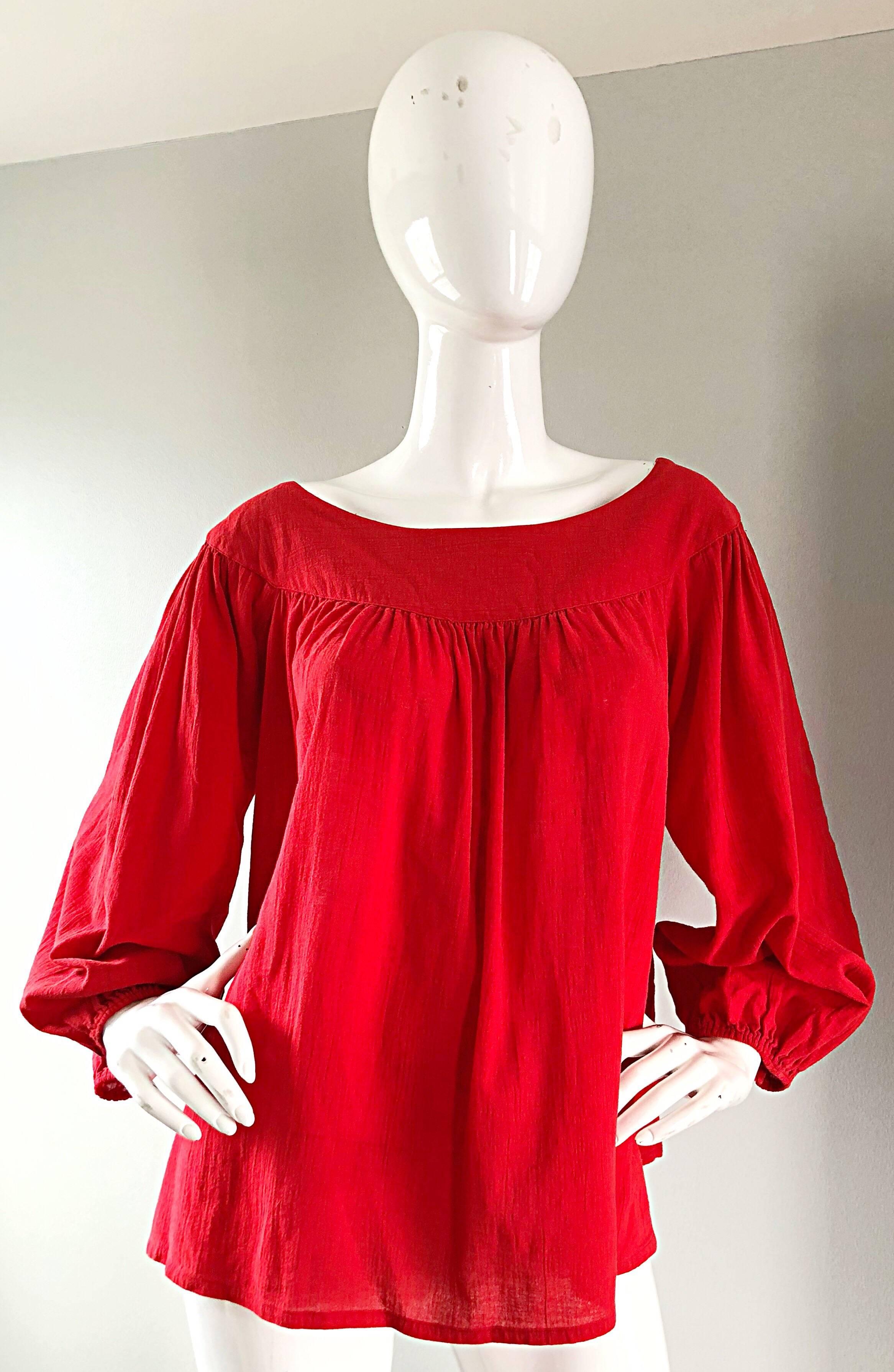 1970s Yves Saint Laurent Russian Collection Lipstick Red Boho Peasant Blouse Top 2