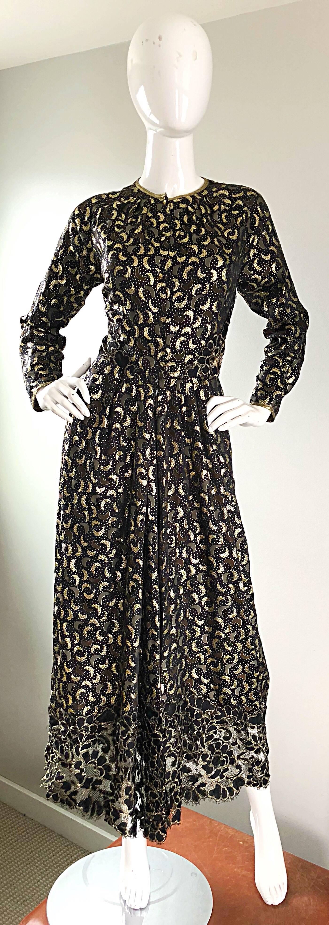 Magical vintage 70s GEOFFREY BEENE black and gold silk lame 'moon' print gown! There is so much hand-crafted detail to this couture quality gem! Features an elegant, yet fun gold crescent moon print throughout. Lace hem and back are lined with semi
