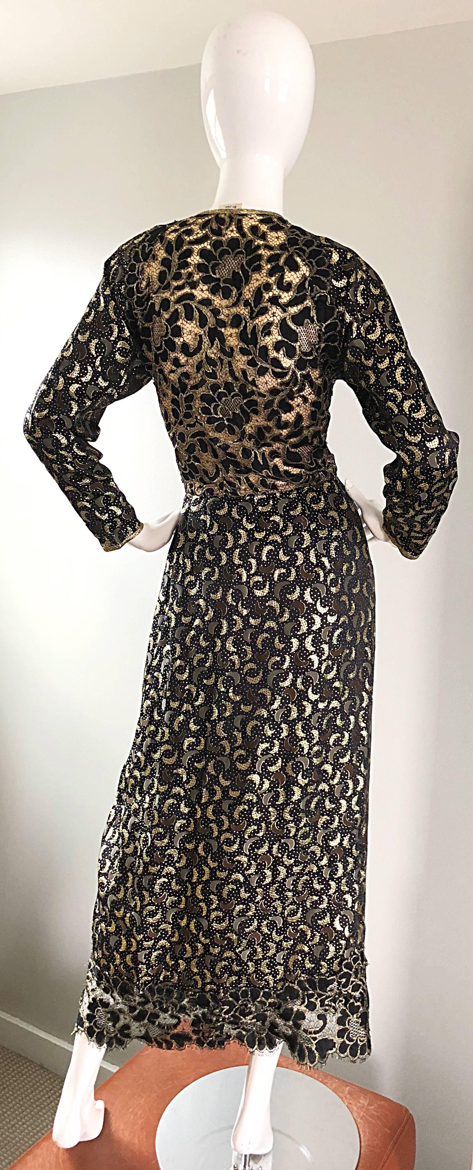 Vintage Geoffrey Beene Black and Gold Silk Lame Moon Print Lace Evening Dress In Excellent Condition In San Diego, CA