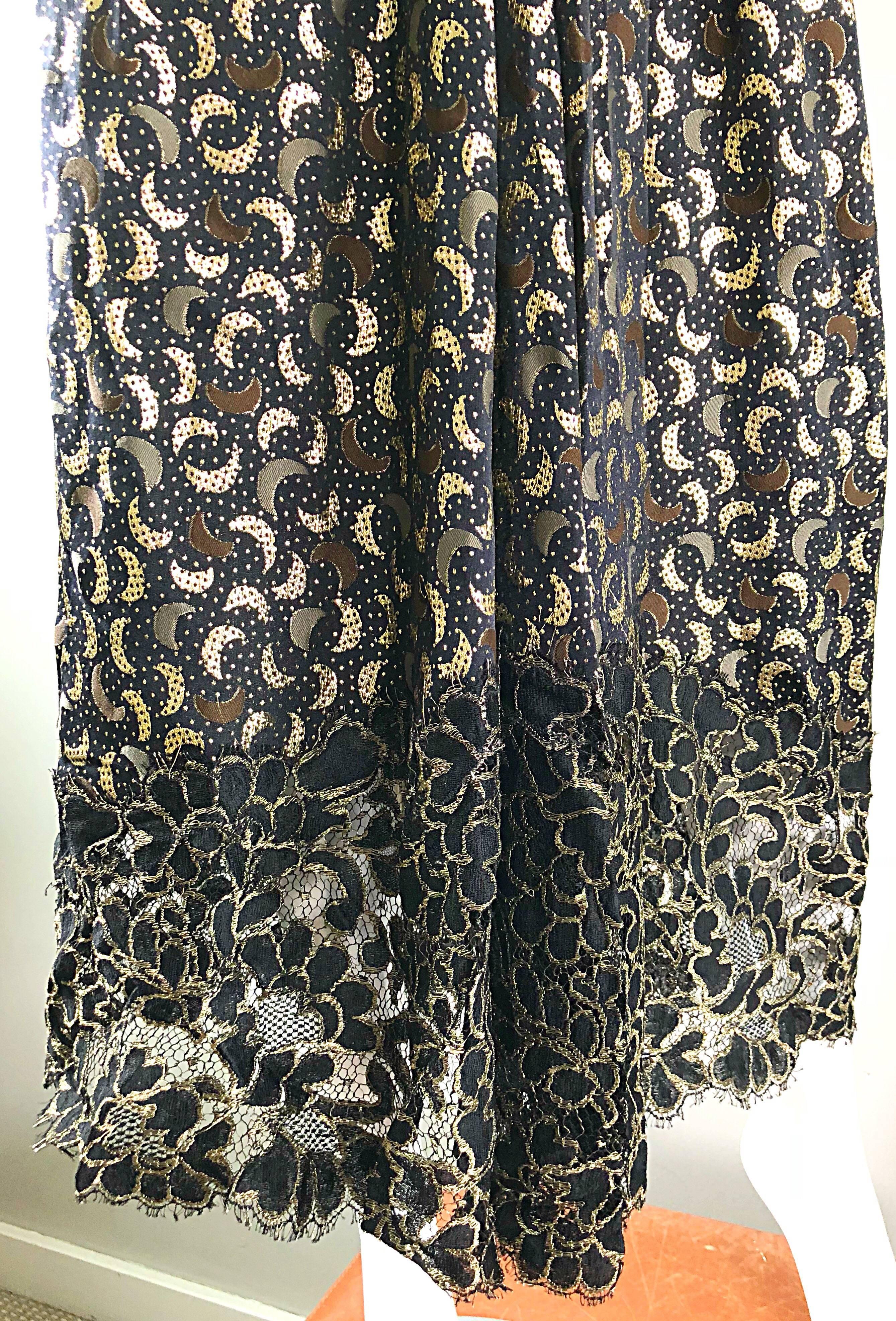Women's Vintage Geoffrey Beene Black and Gold Silk Lame Moon Print Lace Evening Dress